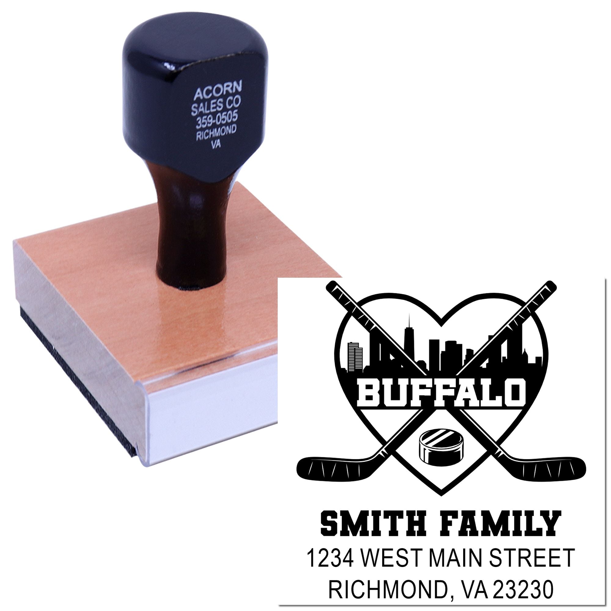 Custom rubber stamp with hockey logo, Smith Family return address, and Richmond, VA imprint for personalized mailing.