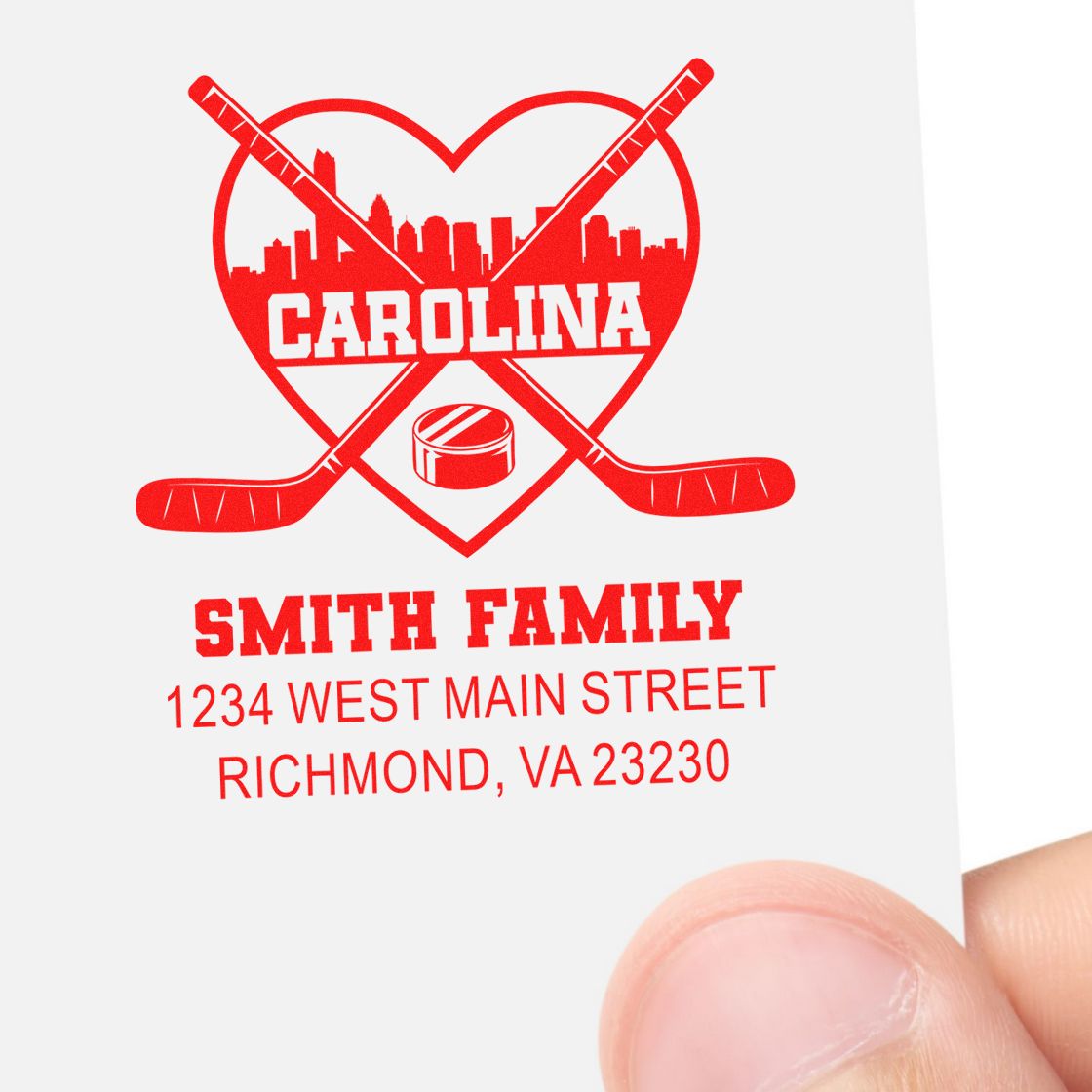Custom Carolina hockey family rubber stamp with skyline, crossed sticks, and Smith family return address, Richmond, VA