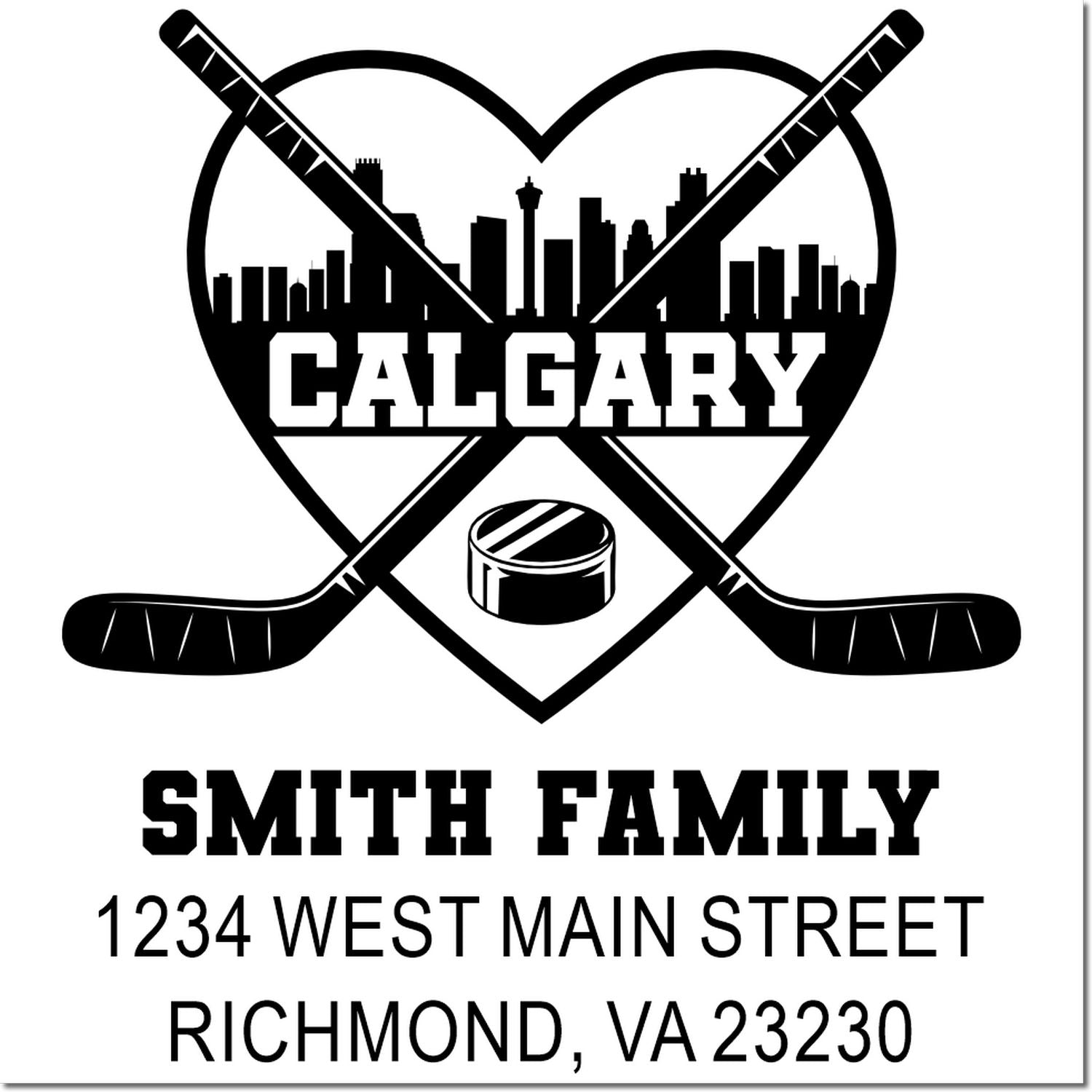 Custom Calgary hockey family return address rubber stamp with crossed sticks, skyline, Smith Family name and address.