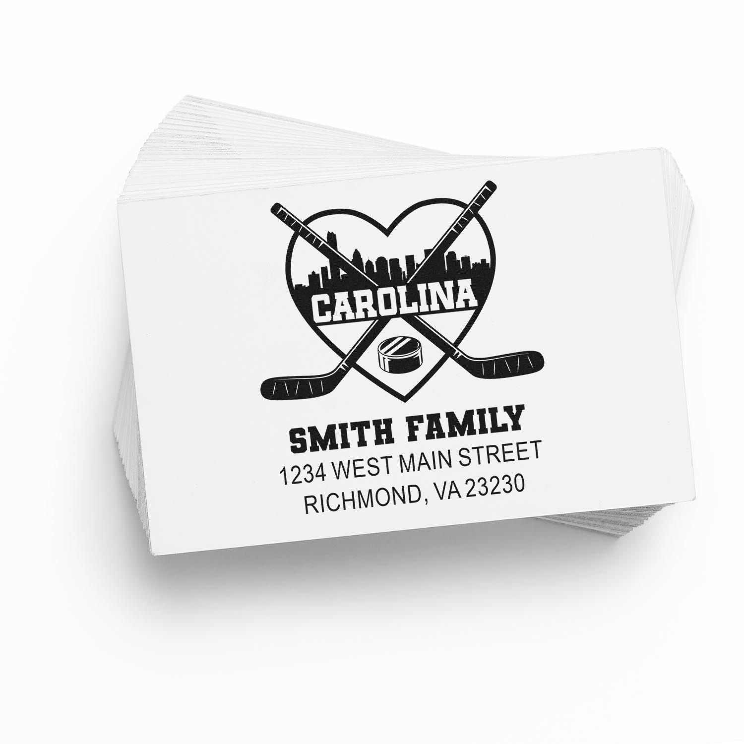 Personalized hockey family return address rubber stamp with Carolina logo, Smith family name, and Richmond, VA address.
