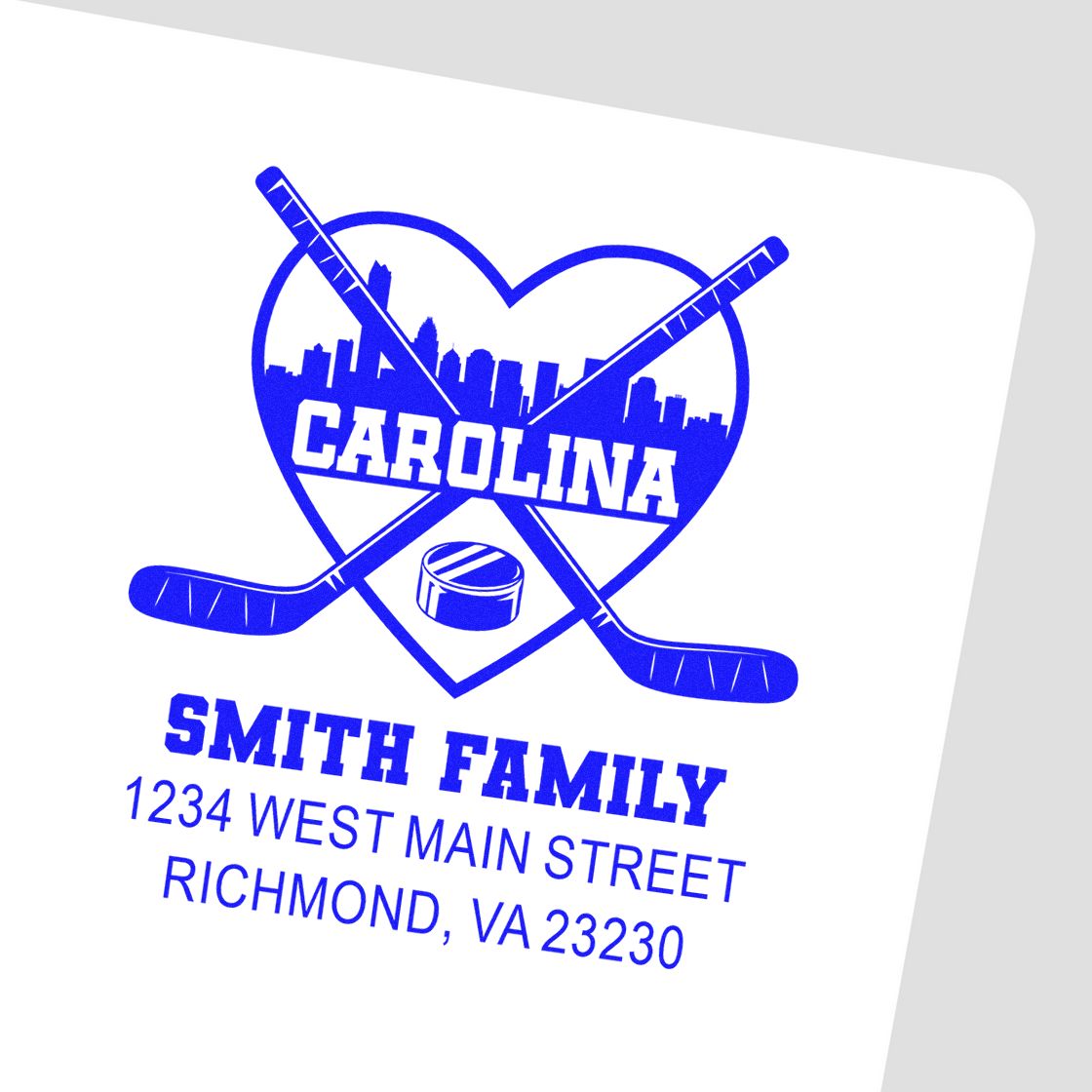 Custom hockey family return address rubber stamp with Carolina heart logo, Smith Family name, and Richmond, VA address.
