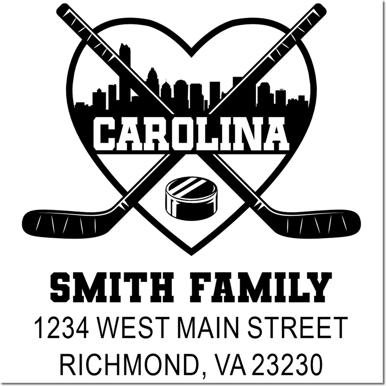 Custom personalized hockey family return address rubber stamp featuring Carolina skyline and crossed sticks, Smith Family, Richmond VA.