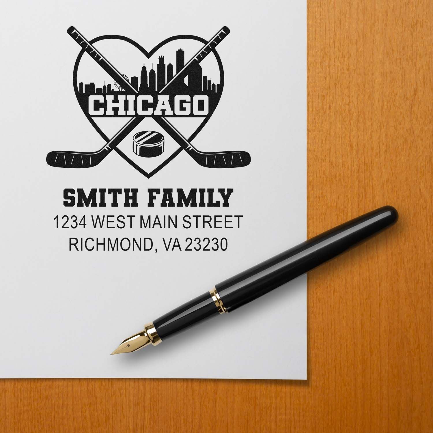 Personalized Chicago hockey rubber stamp with Smith Family return address and custom skyline logo.