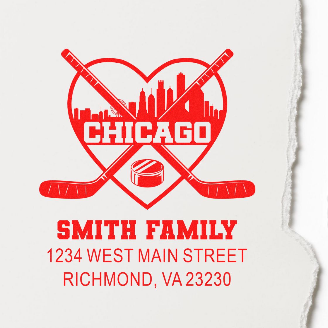 Custom hockey rubber stamp design with Chicago skyline, Smith Family name, and Richmond, VA address.