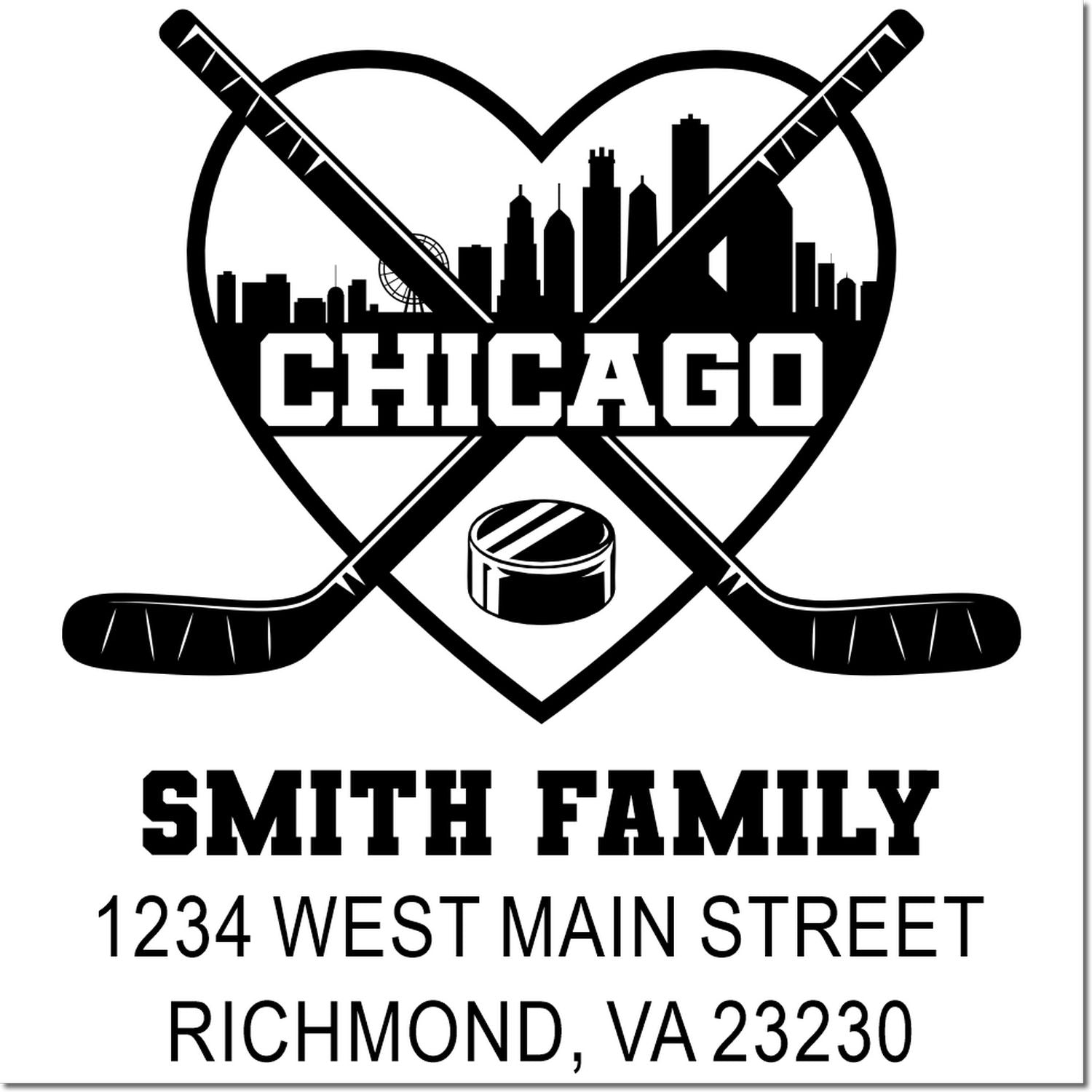 Custom Chicago hockey return address rubber stamp for Smith Family, 1234 West Main Street, Richmond, VA 23230