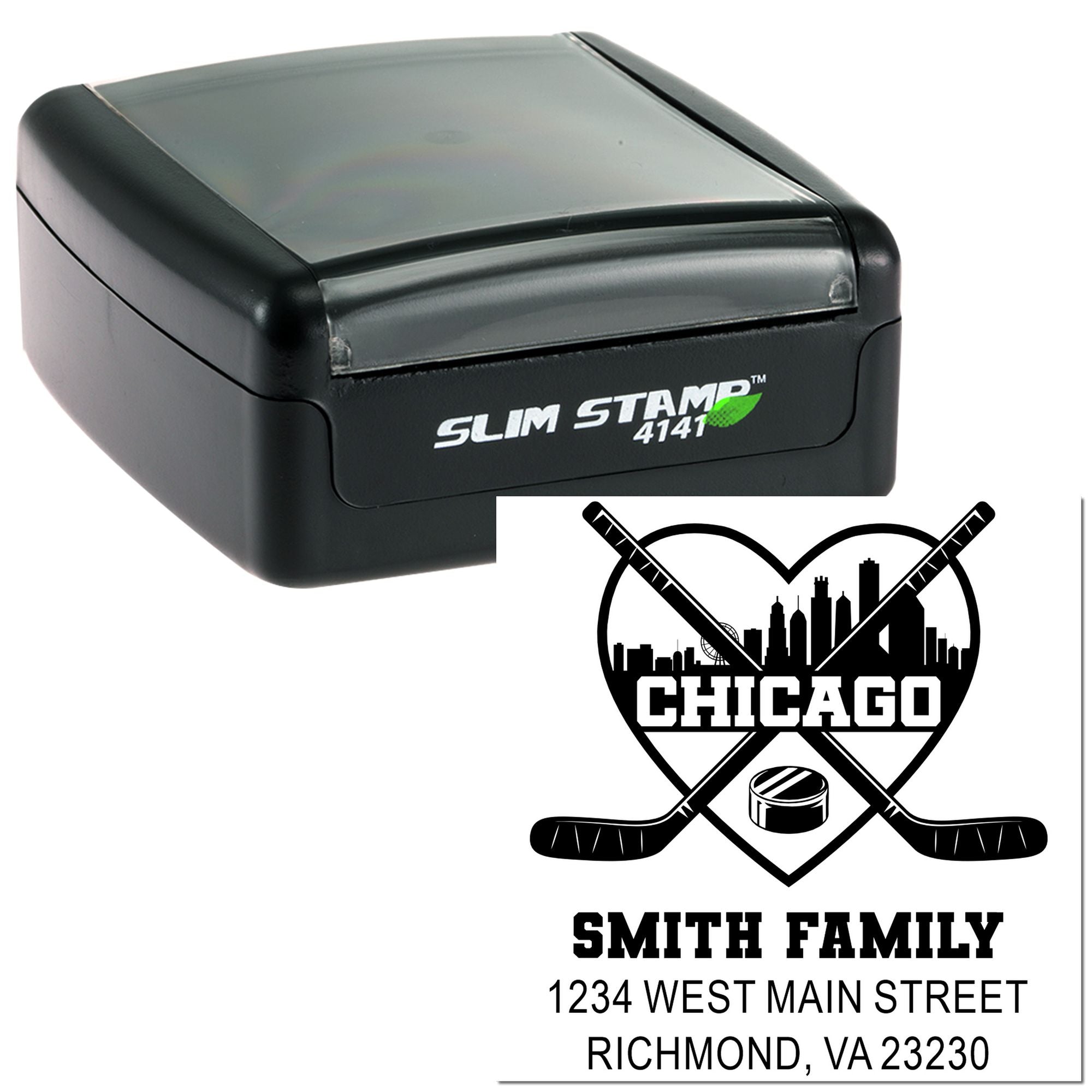 Slim Stamp 4141 custom hockey return address rubber stamp with Chicago skyline, Smith Family, and address.