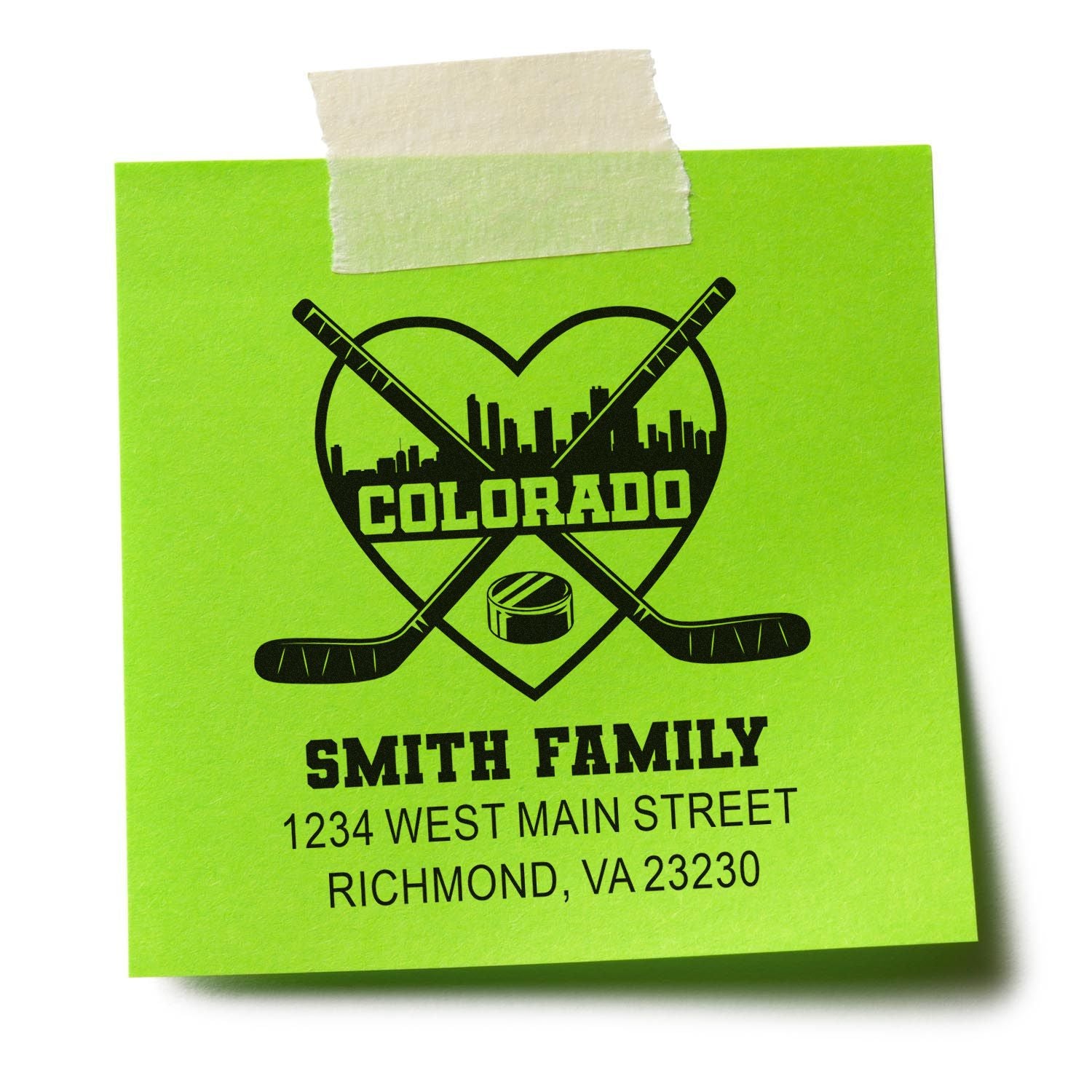 Custom Colorado hockey family return address stamp sample with Smith family address.
