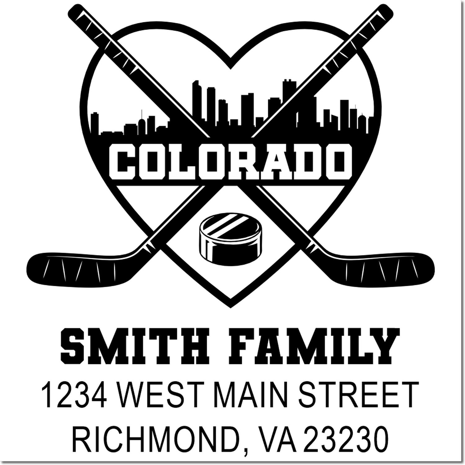 Custom Colorado hockey family rubber stamp with crossed sticks, skyline, puck, and personalized address.