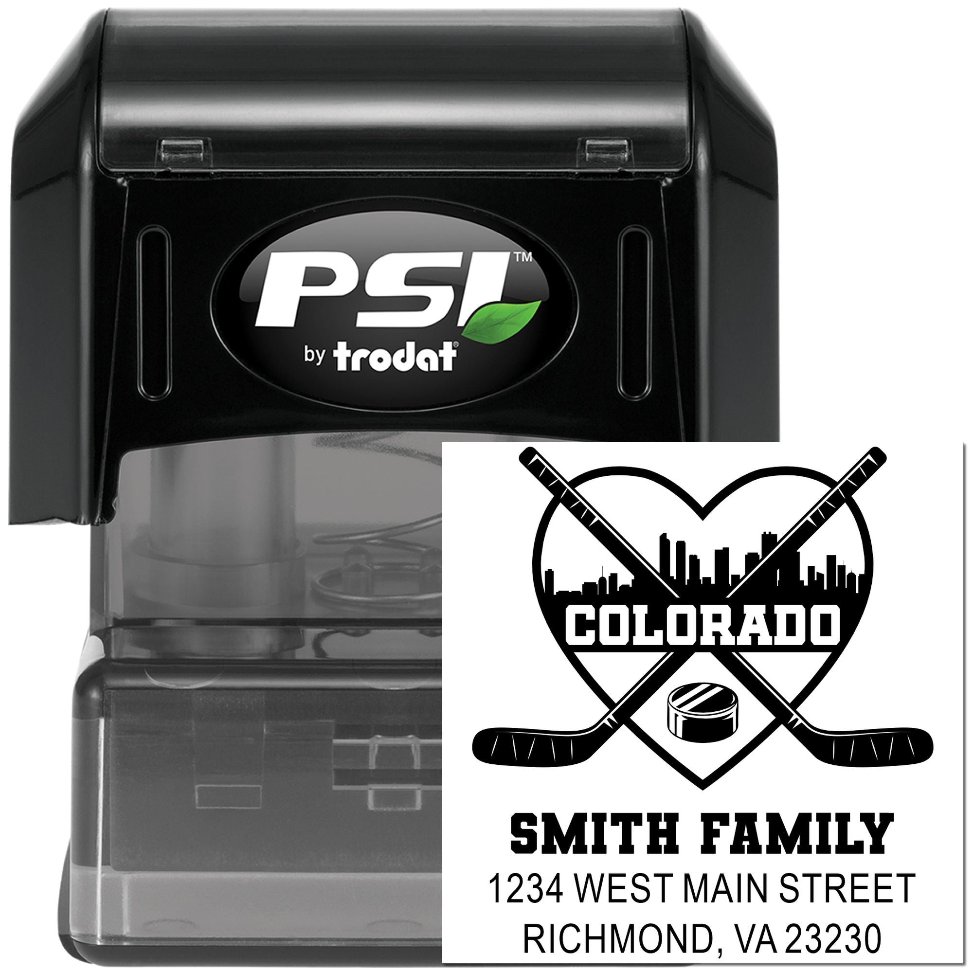 Custom self-inking address stamp by PSI Trodat with Colorado family hockey logo and return address.