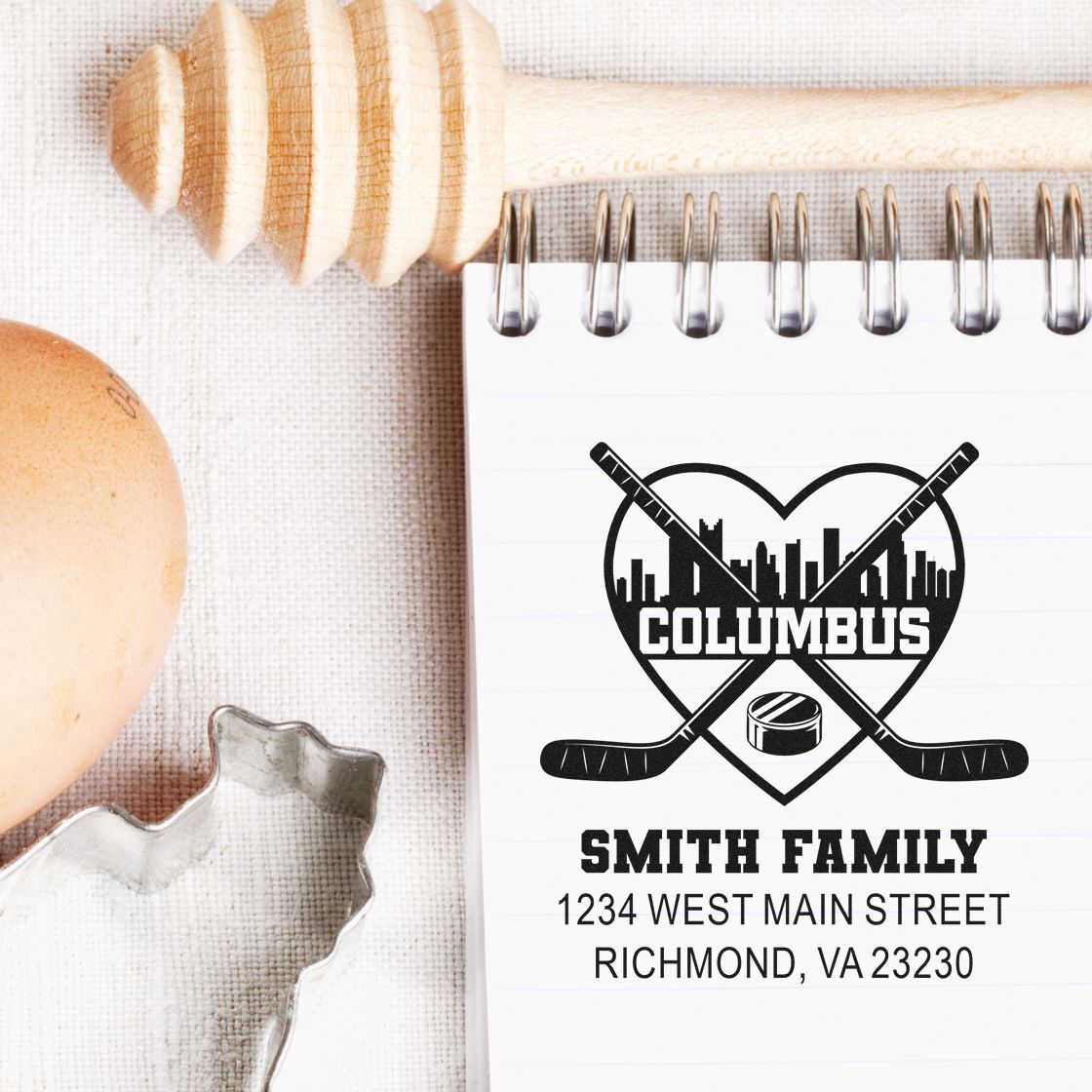 Personalized hockey return address rubber stamp for Smith Family, with Columbus logo and Richmond, VA 23230.