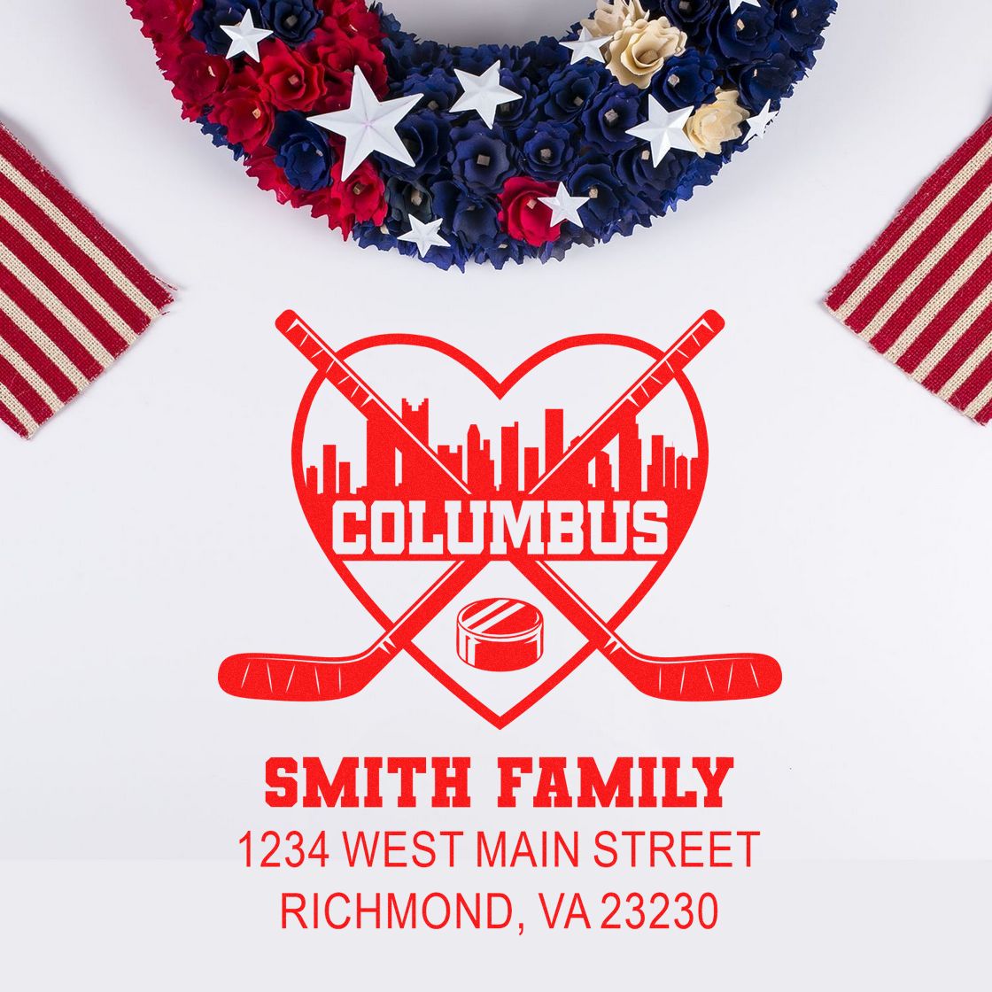 Custom Columbus hockey return address rubber stamp for Smith family, featuring skyline, hockey sticks and address.