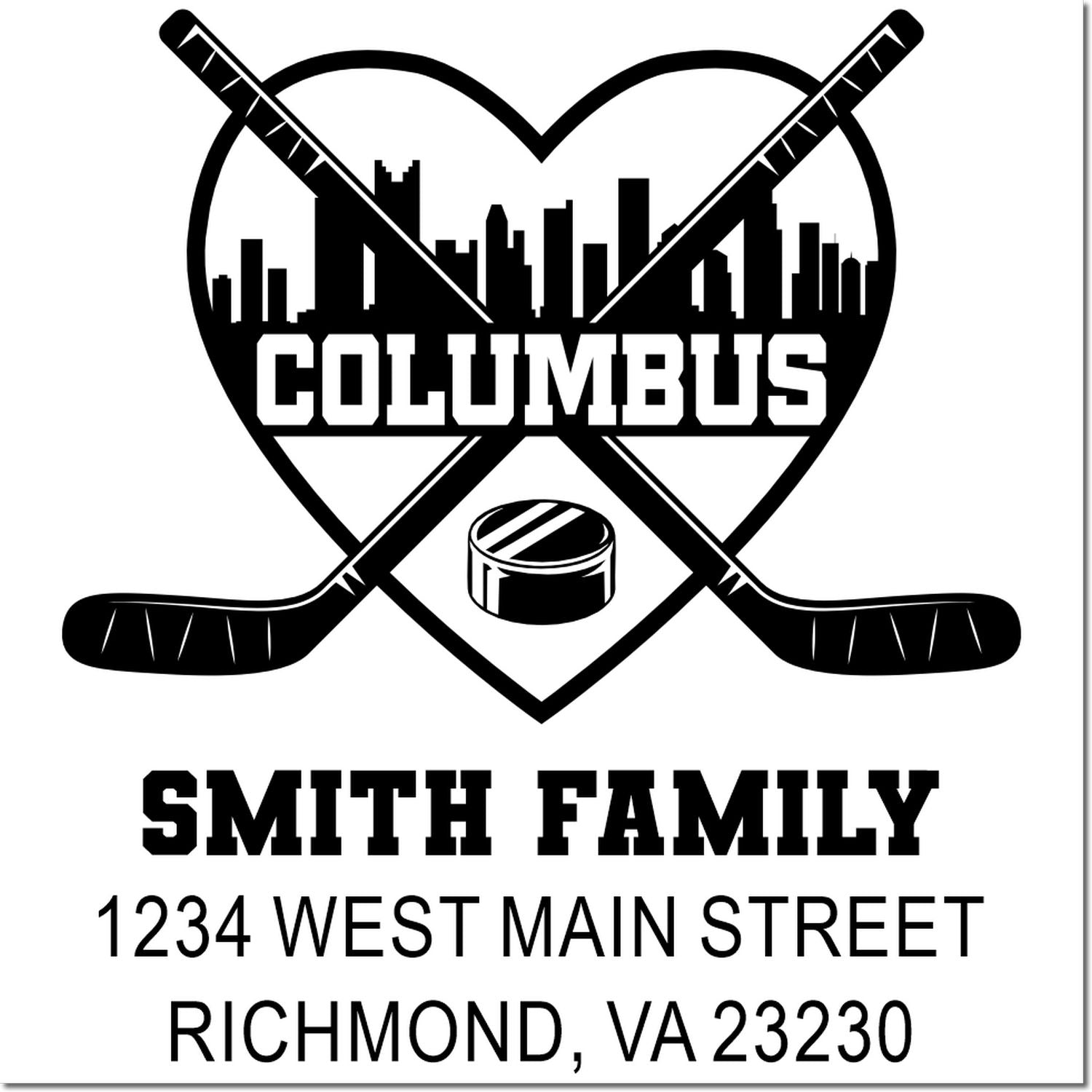 Custom Columbus hockey family rubber stamp with crossed hockey sticks, skyline, Smith Family name, and return address.