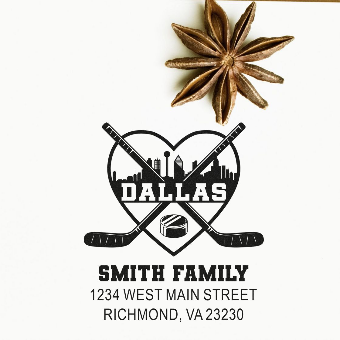 Custom Smith Family Dallas hockey return address rubber stamp with skyline and crossed sticks.