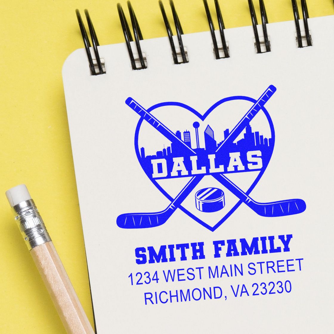 Personalized Dallas hockey rubber stamp for Smith Family with address, skyline, sticks and puck.
