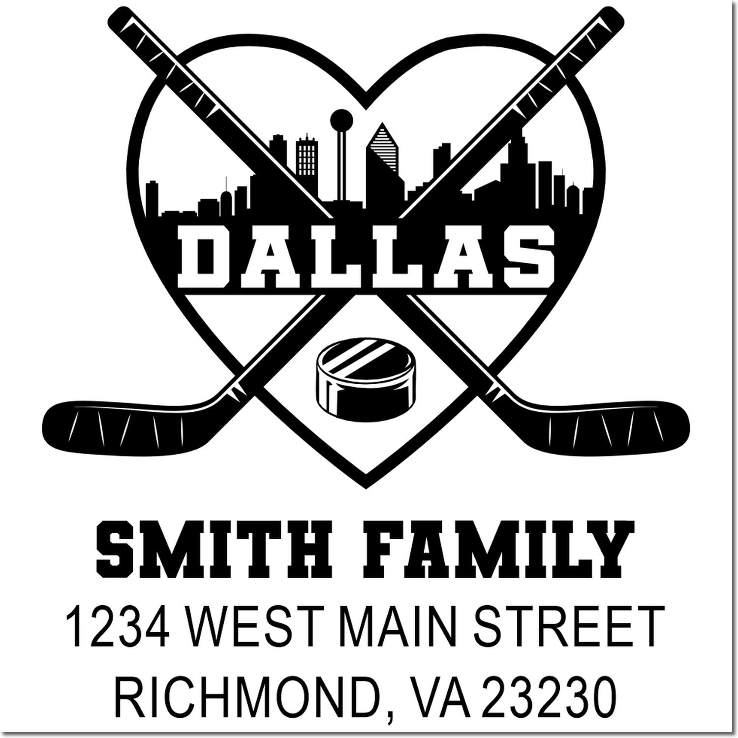 Custom Dallas hockey family address stamp featuring skyline, Smith Family, and Richmond, VA return address.