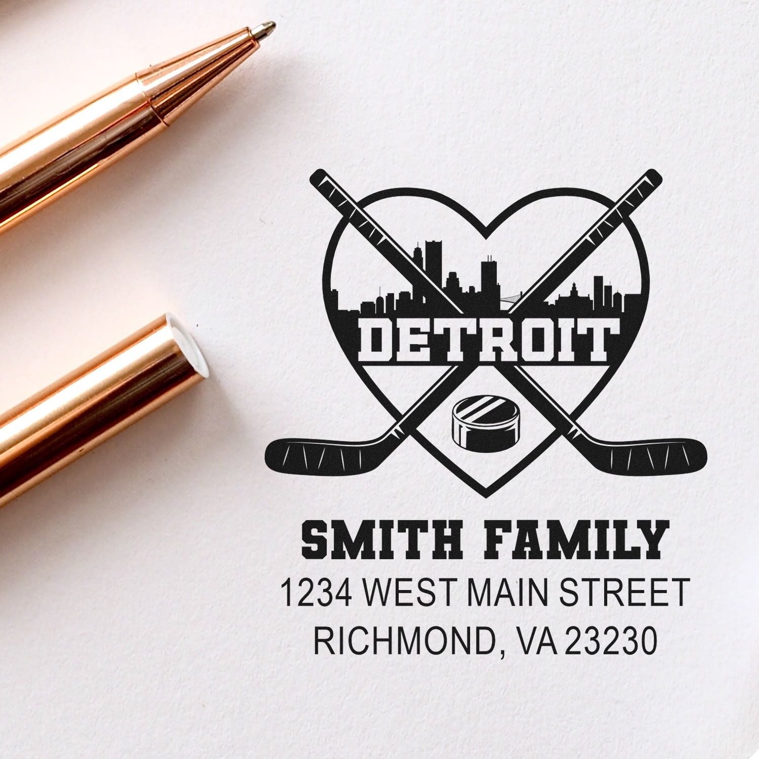 Personalized Detroit hockey return address rubber stamp for Smith Family with skyline logo and home address.