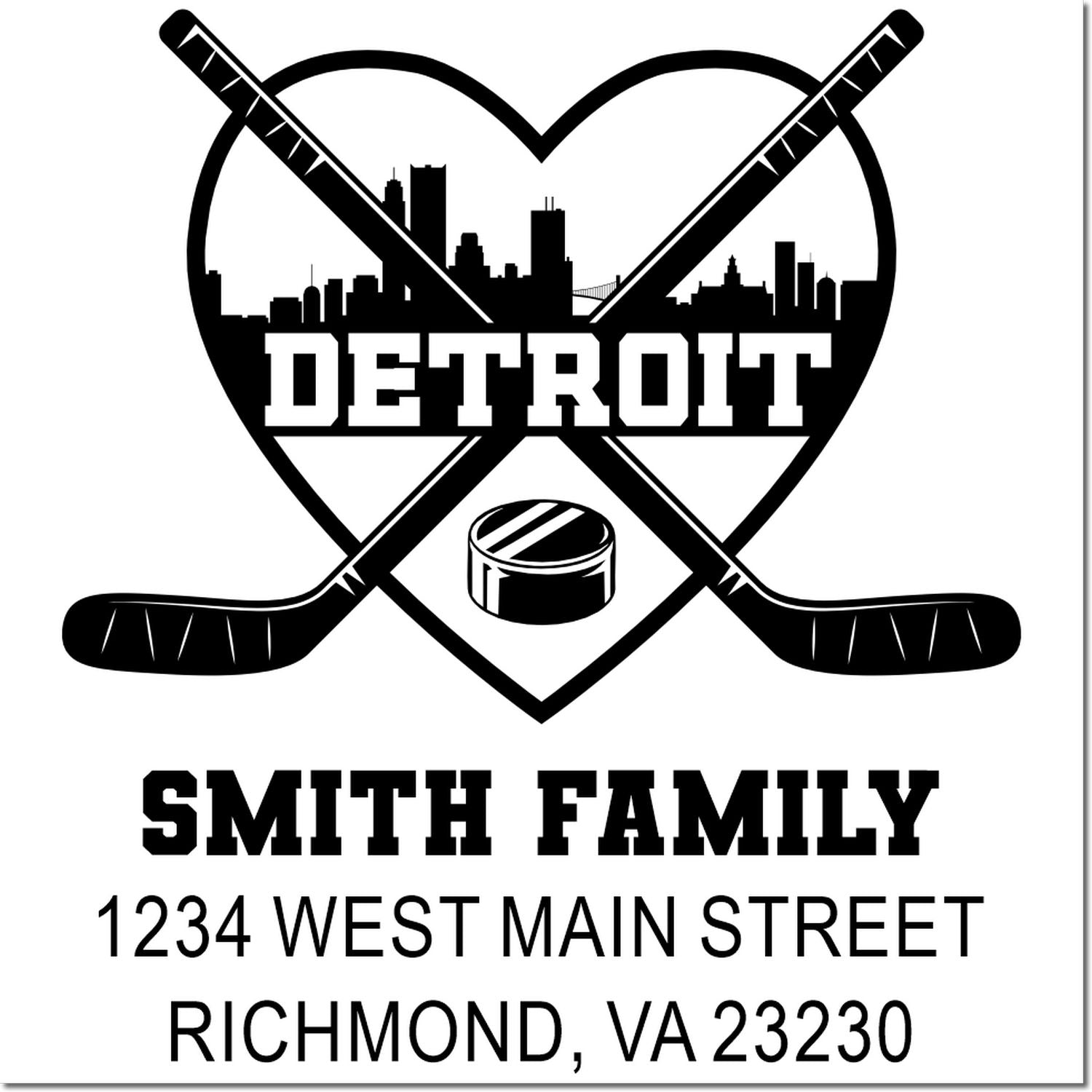 Custom Detroit hockey family return address rubber stamp with skyline, crossed hockey sticks, puck, and personalized name and address.