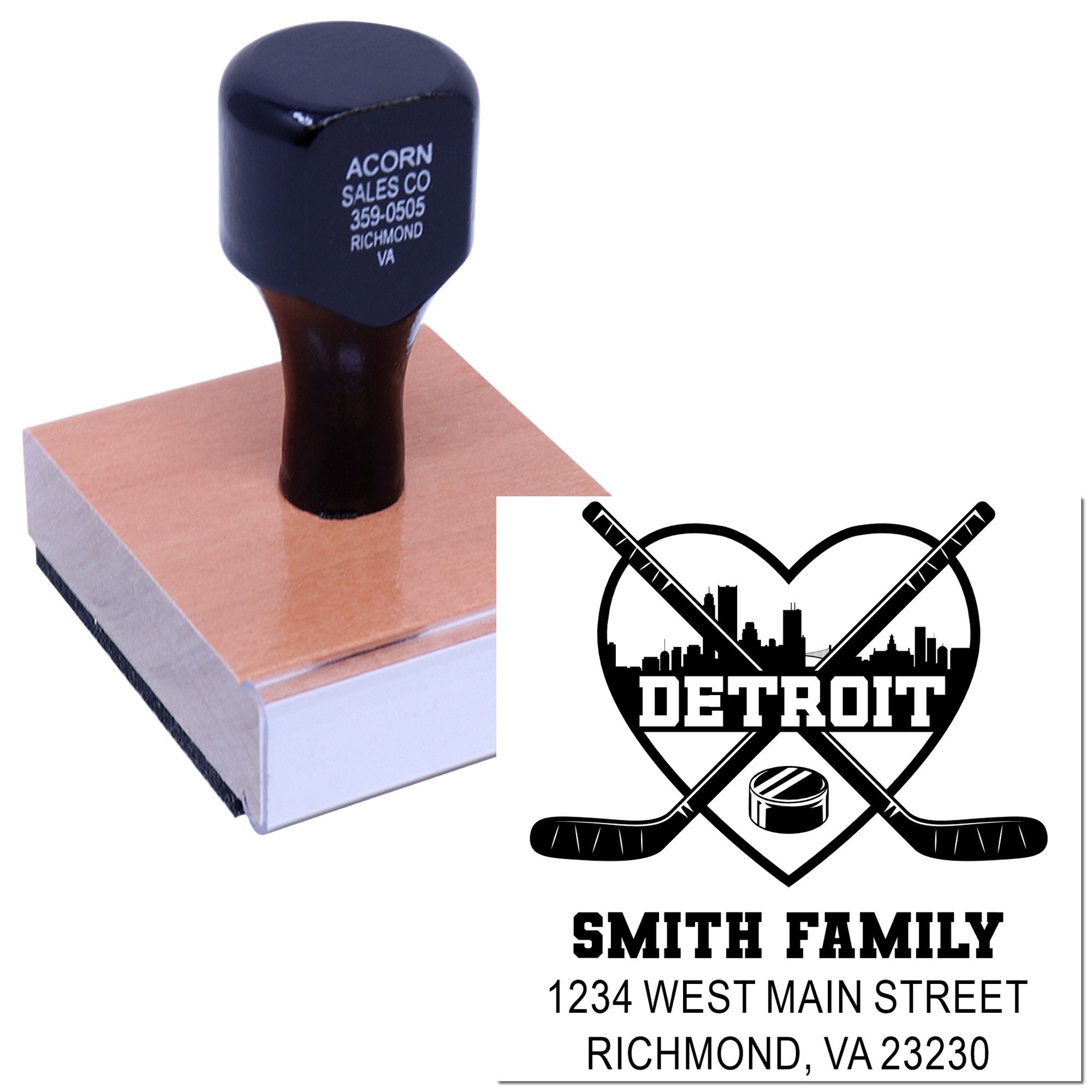 Custom rubber stamp with Detroit hockey logo and Smith family address for personalized return addressing and branding.