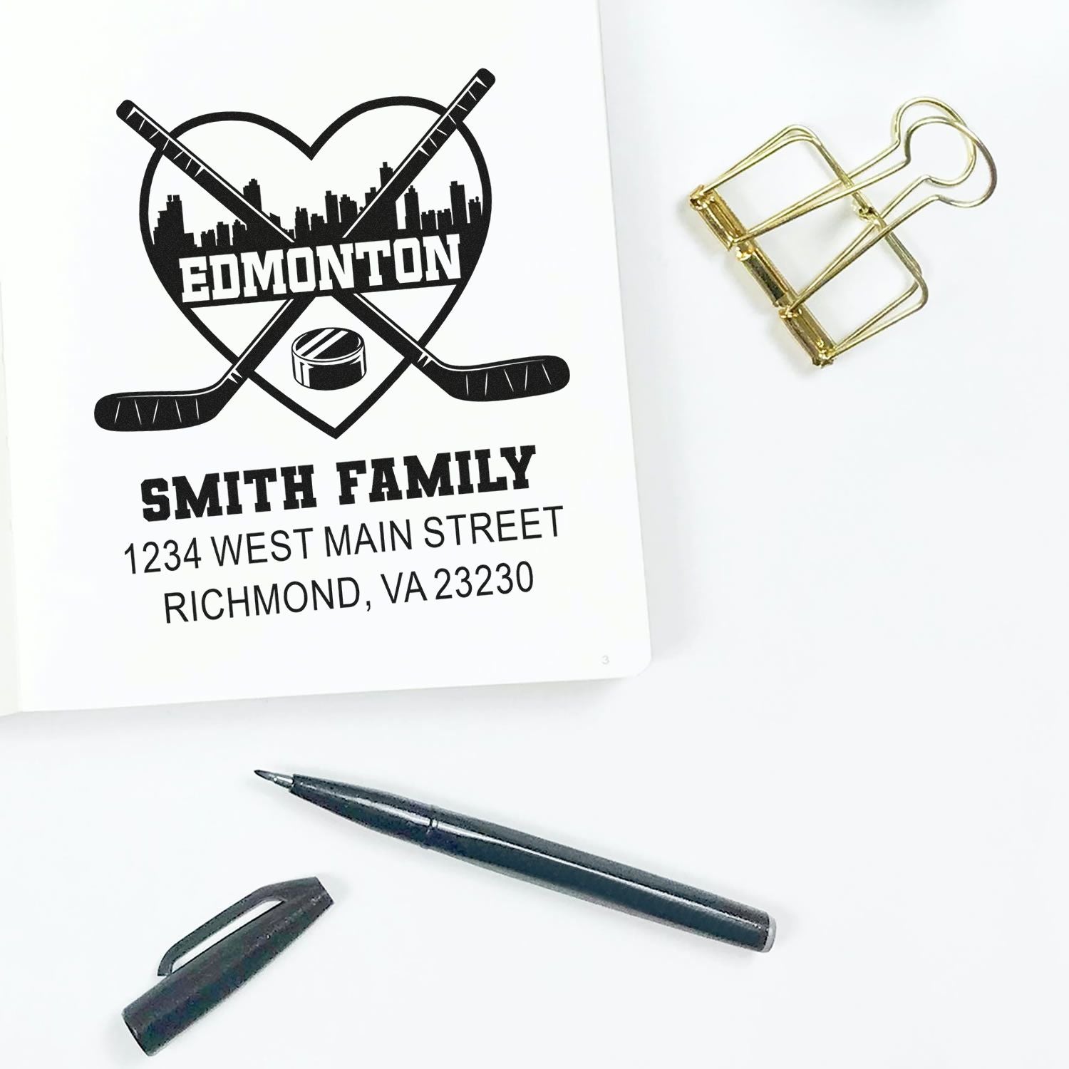 Custom hockey address rubber stamp with Edmonton logo, Smith family name, and return address for envelopes and stationery.
