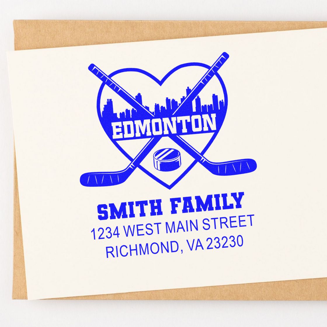 Custom return address rubber stamp with hockey logo, Smith Family name, and Richmond, VA address.