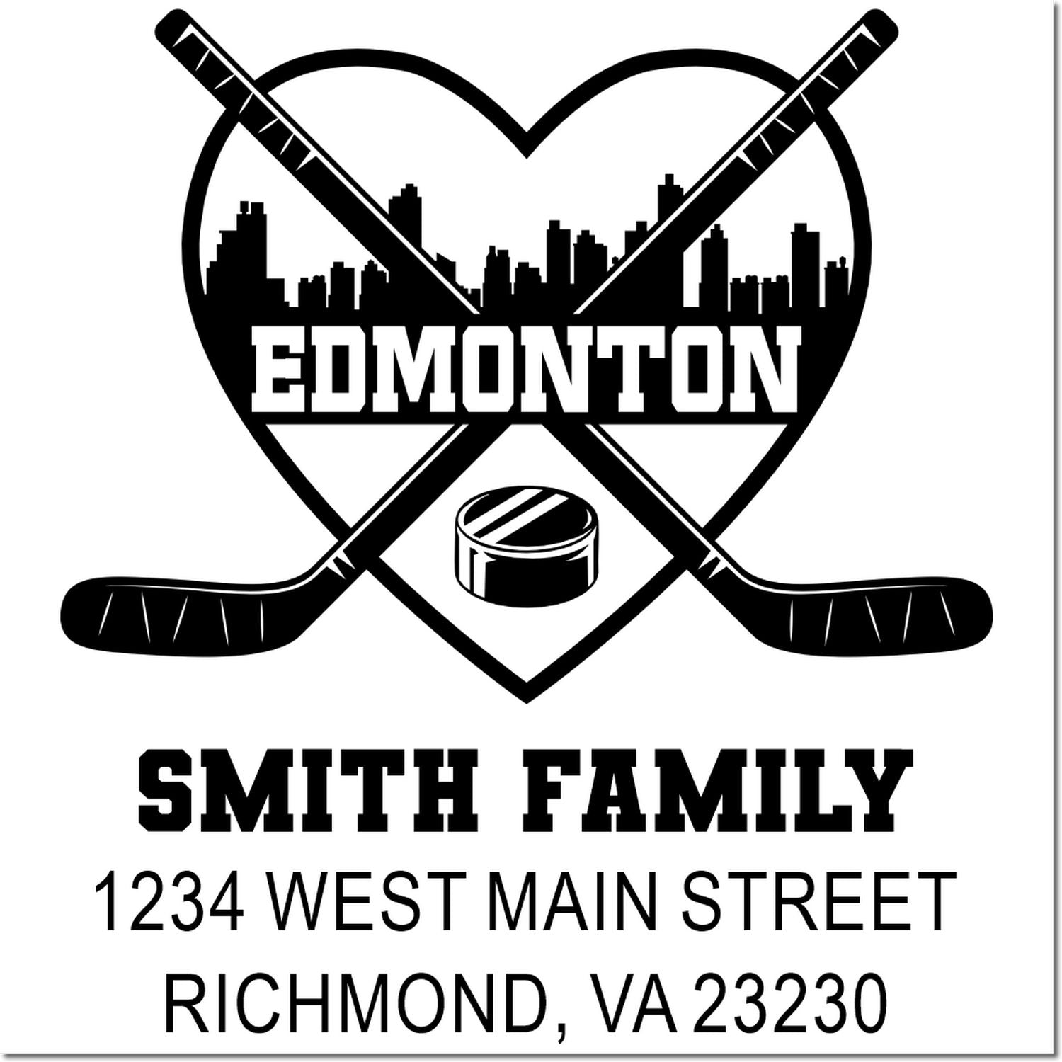 Personalized hockey family return address stamp with Edmonton skyline, crossed sticks, puck, and Smith family Richmond, VA address.