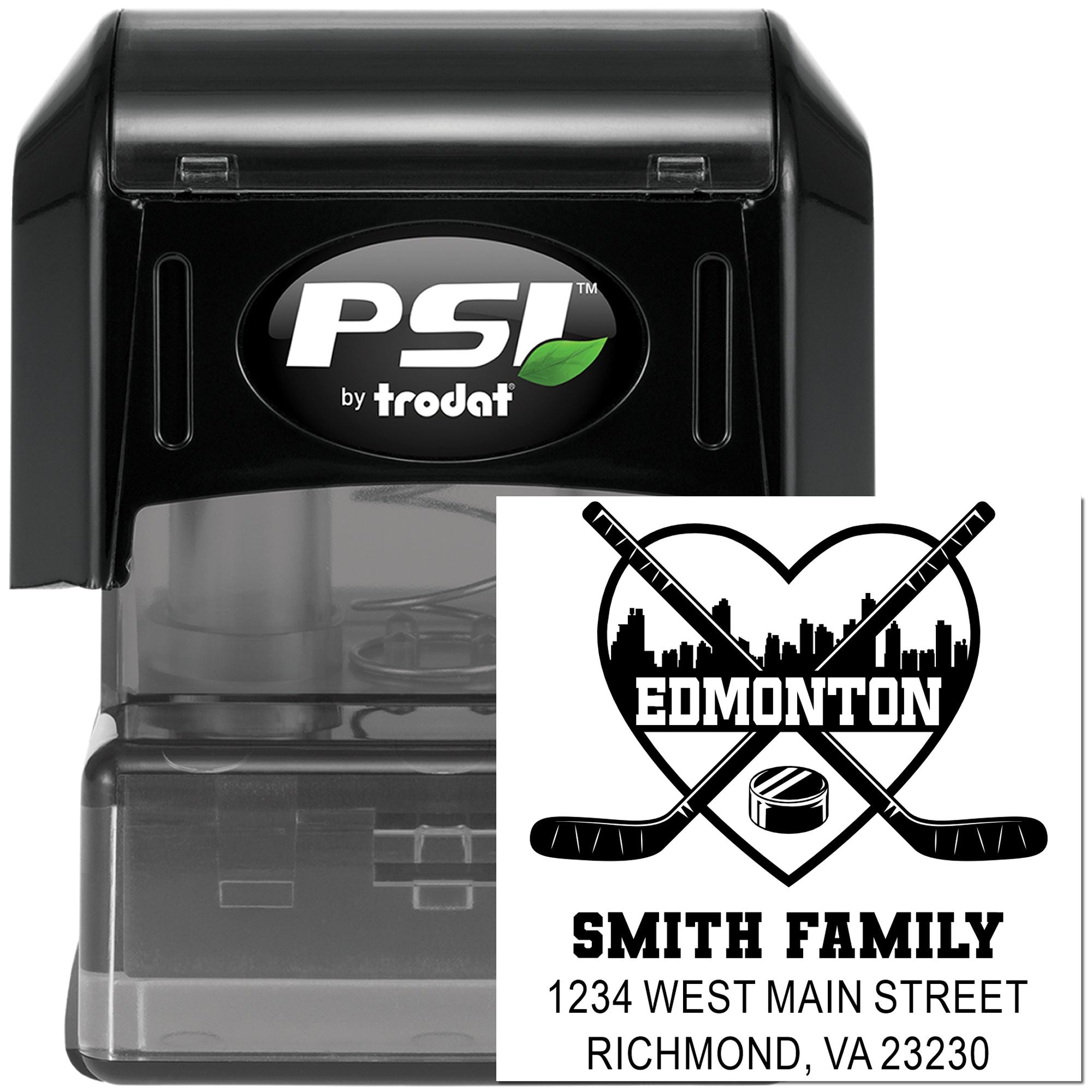 PSI by Trodat self-inking rubber stamp with custom hockey logo, family name, and address imprint.