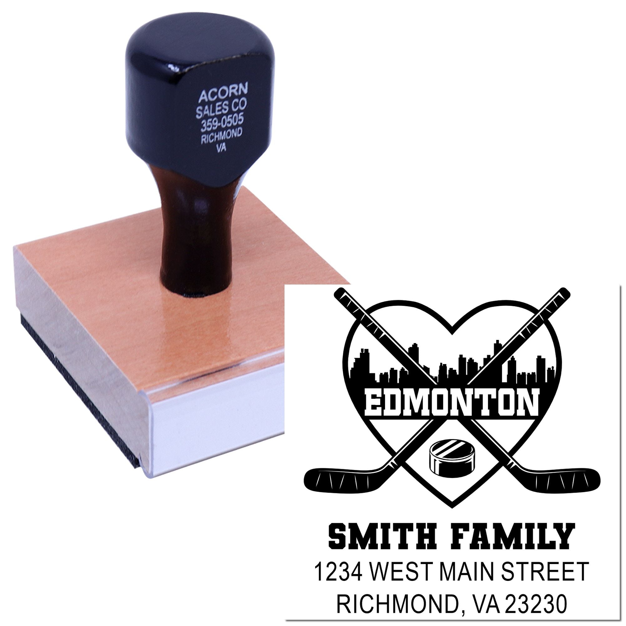 Custom rubber stamp showing Edmonton hockey logo and Smith Family return address for personalized mailing.