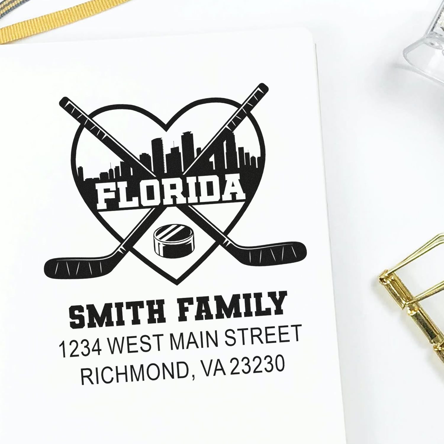 Custom Florida family hockey rubber stamp with heart skyline design, Smith family name, and return address for envelopes