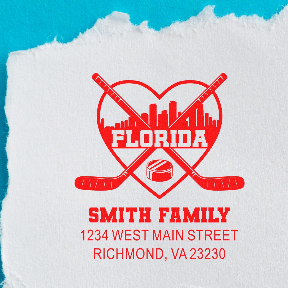 Custom Florida hockey rubber stamp for Smith Family, with heart logo, skyline and return address.