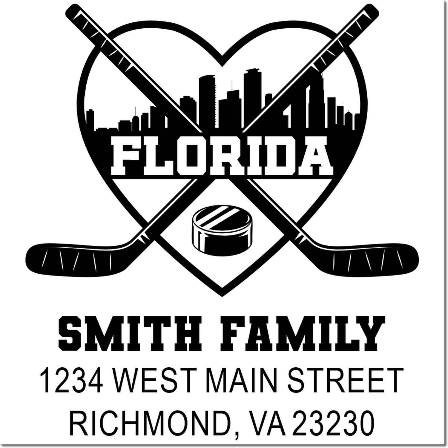 Custom hockey family return address stamp with Florida skyline heart, Smith Family, and Richmond, VA 23230.