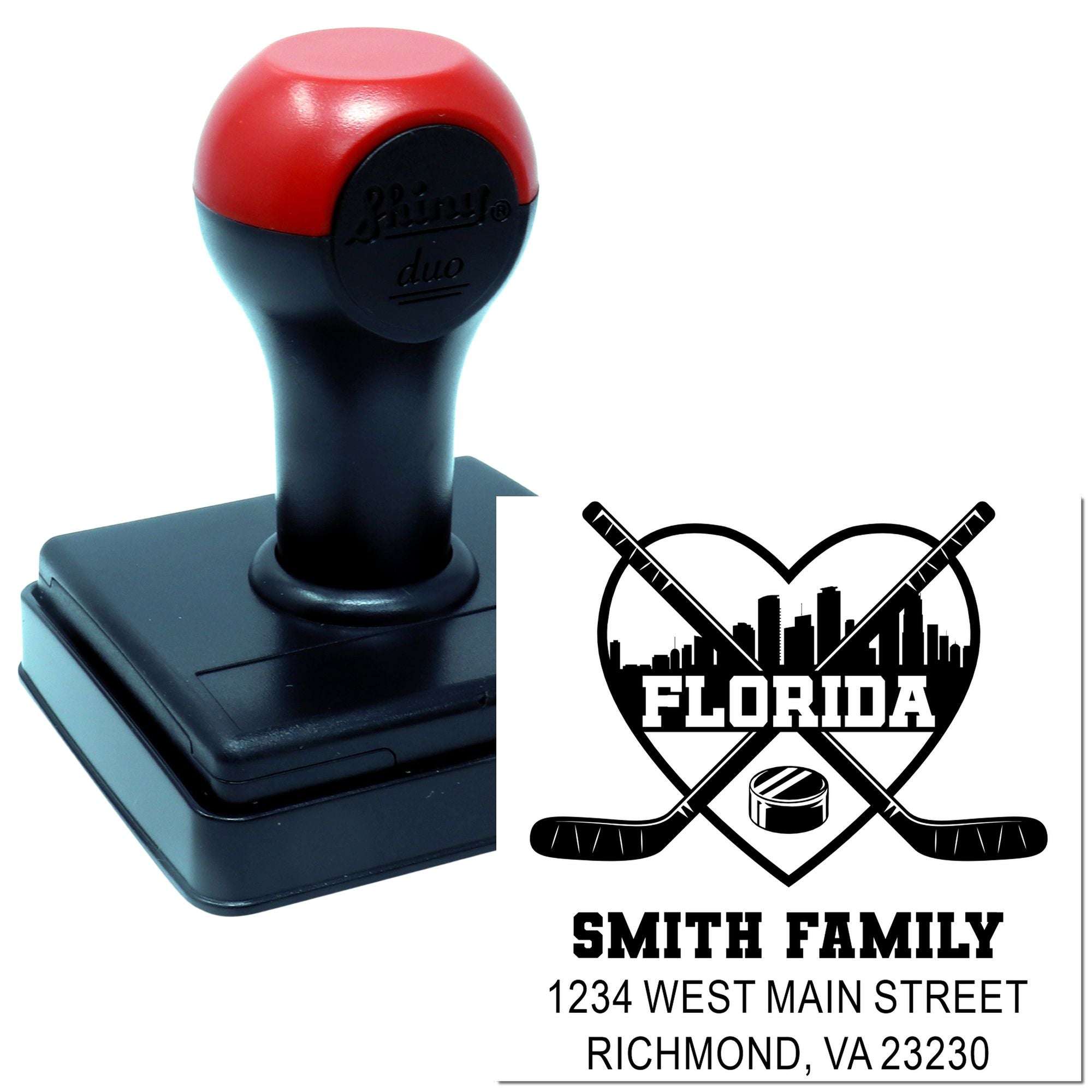 Custom self-inking rubber stamp for hockey fans, featuring Florida design, Smith Family name, and return address.