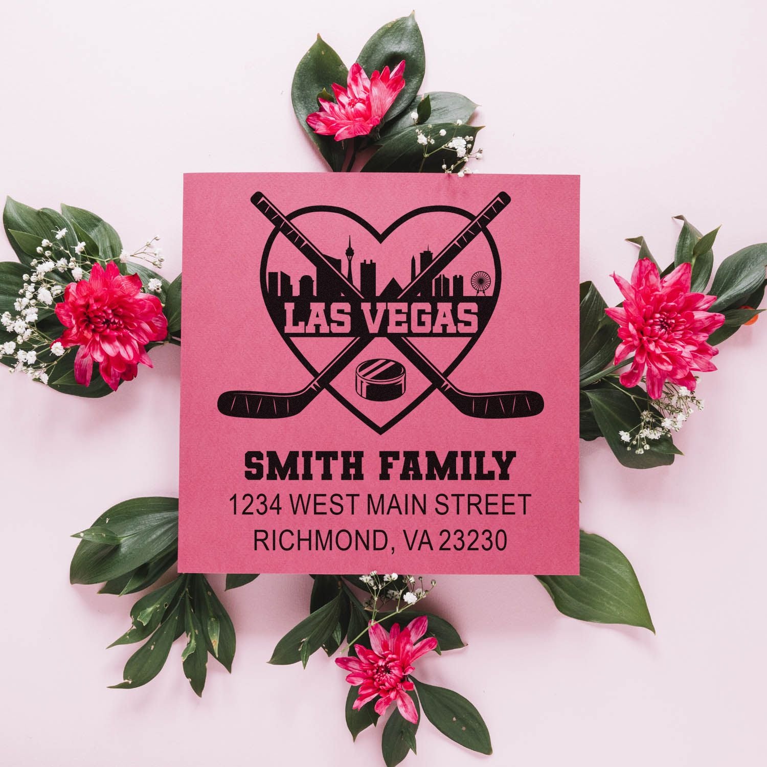 Personalized Las Vegas hockey address rubber stamp for Smith Family, featuring crossed sticks, skyline, and return address.
