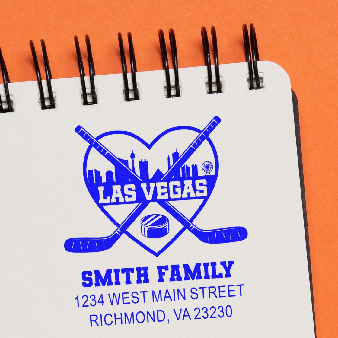 Custom hockey-themed rubber stamp for Smith Family with Las Vegas graphic and return address for personalized stationery