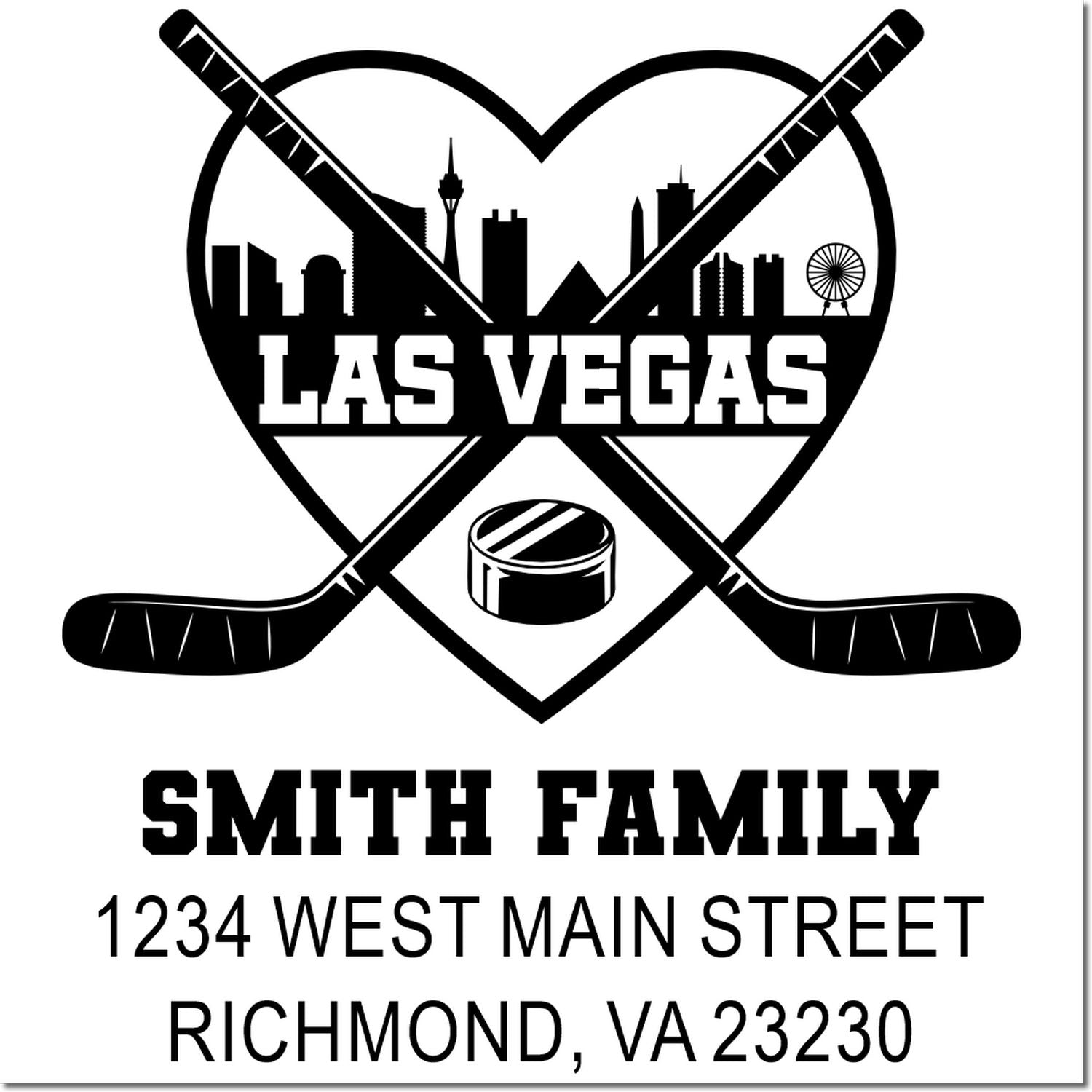 Personalized Las Vegas hockey family address rubber stamp with skyline heart, crossed sticks, and Smith Family, Richmond VA 23230.