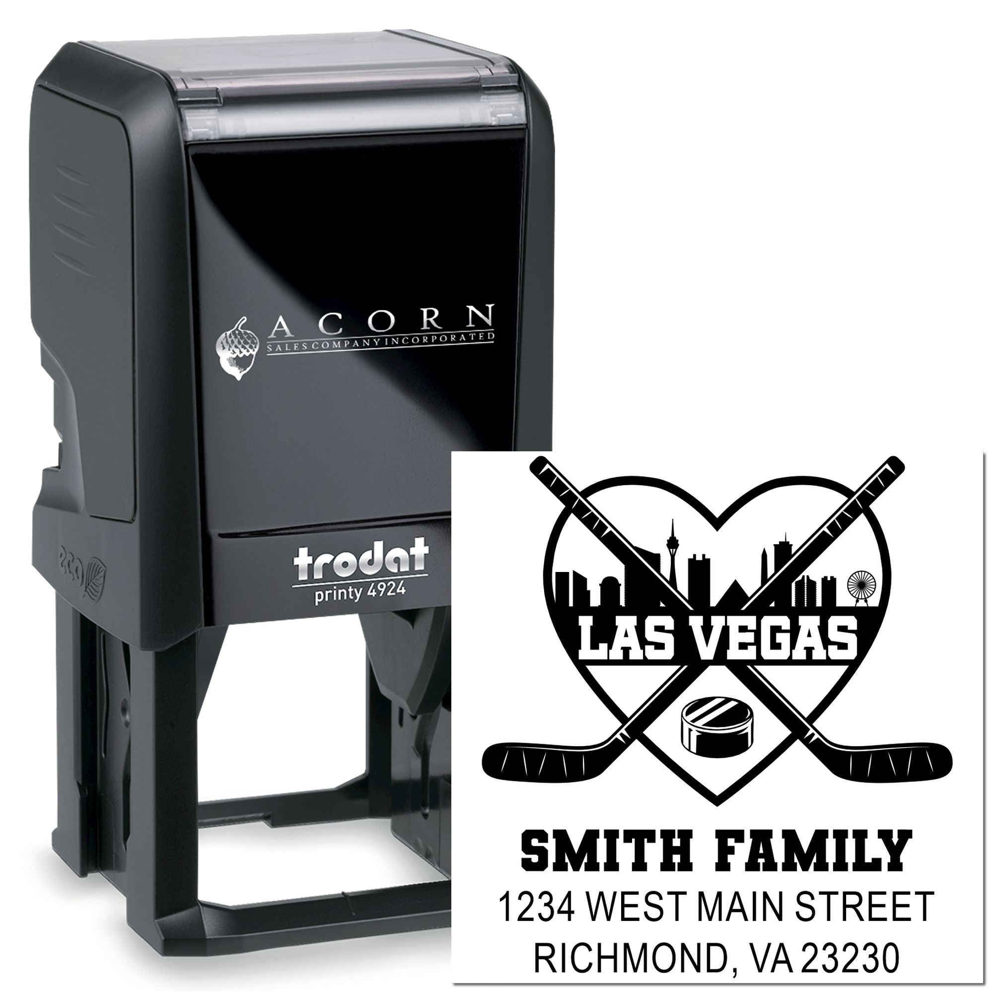 Custom self-inking rubber stamp for a hockey family address in Las Vegas, with personalized Trodat Printy 4924 design.