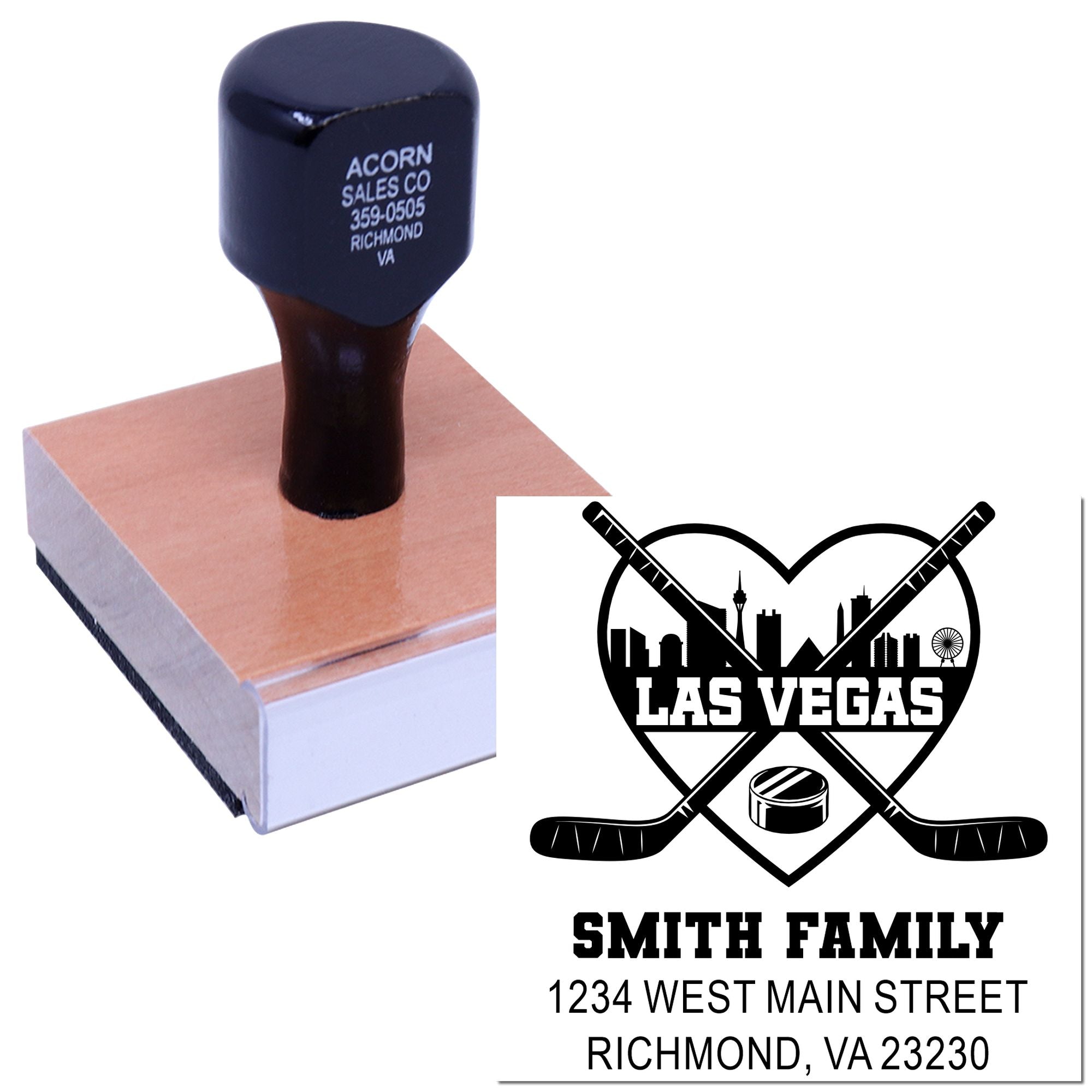 Custom golf return address rubber stamp with family name and Las Vegas logo, perfect for personalized mailing and branding.
