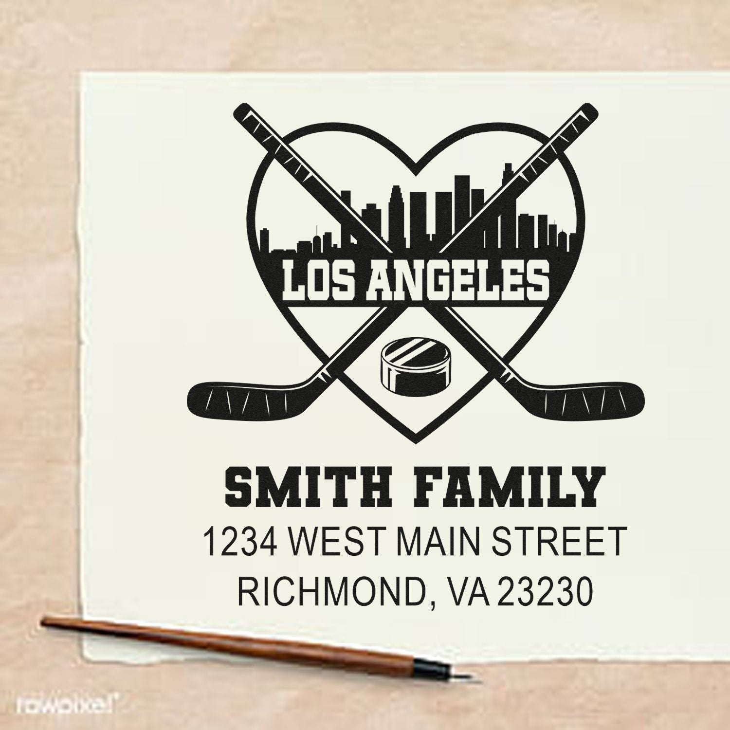 Personalized hockey family address rubber stamp with Los Angeles skyline, crossed sticks, Smith Family, Richmond, VA 23230.