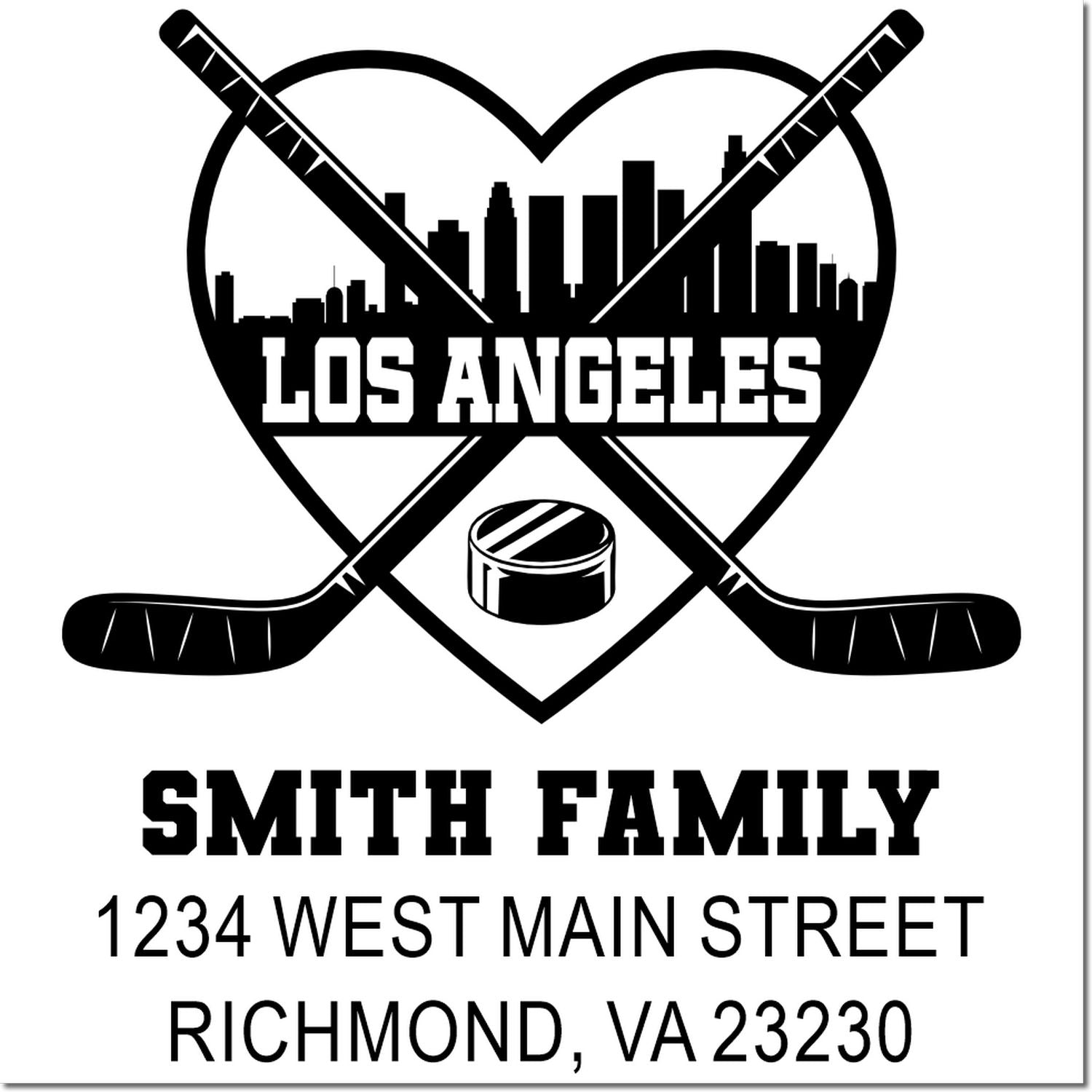 Personalized Los Angeles hockey family rubber stamp with crossed sticks, skyline heart, Smith Family, and mailing address.