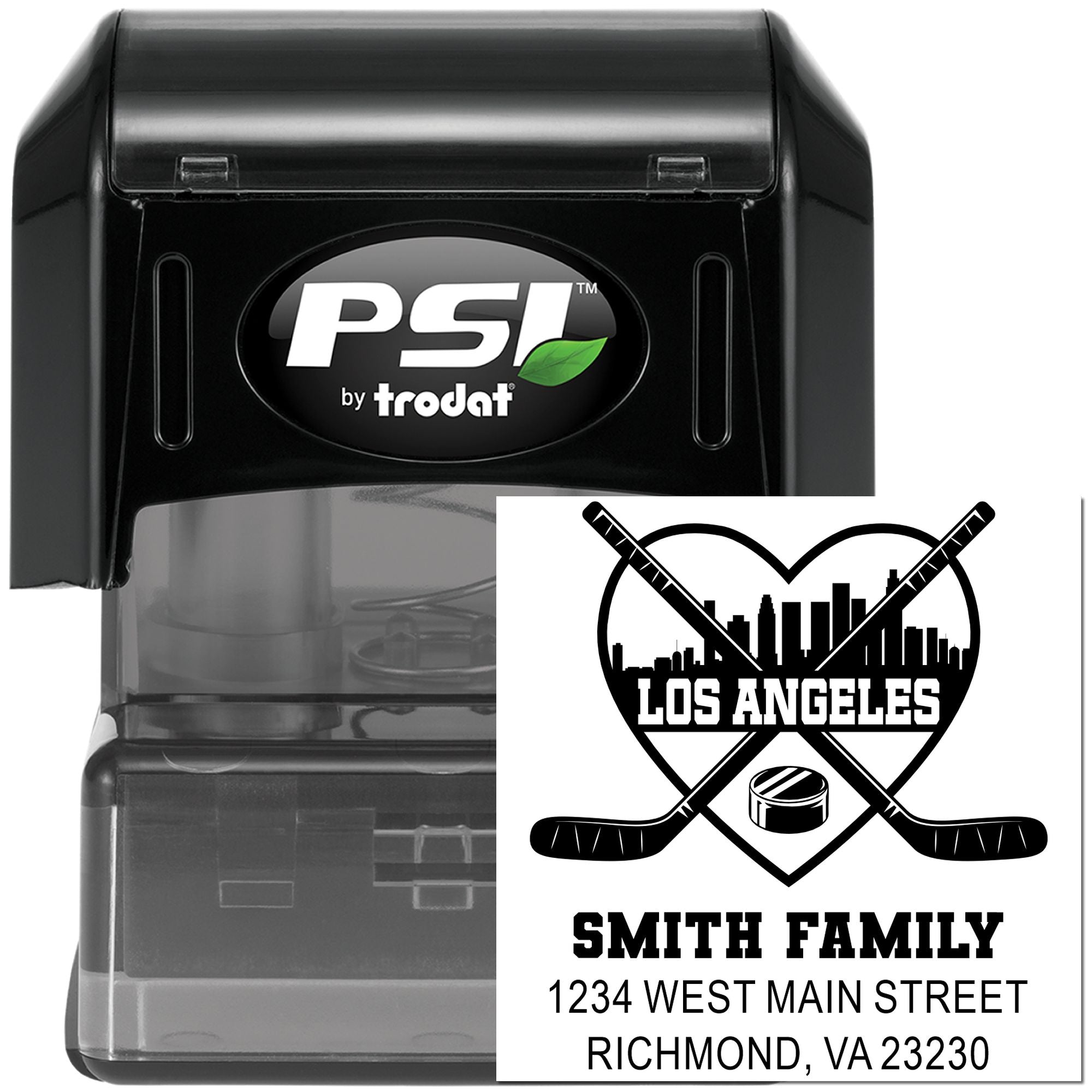 Custom self-inking rubber stamp for hockey fans with Los Angeles design, Smith family name, and return address