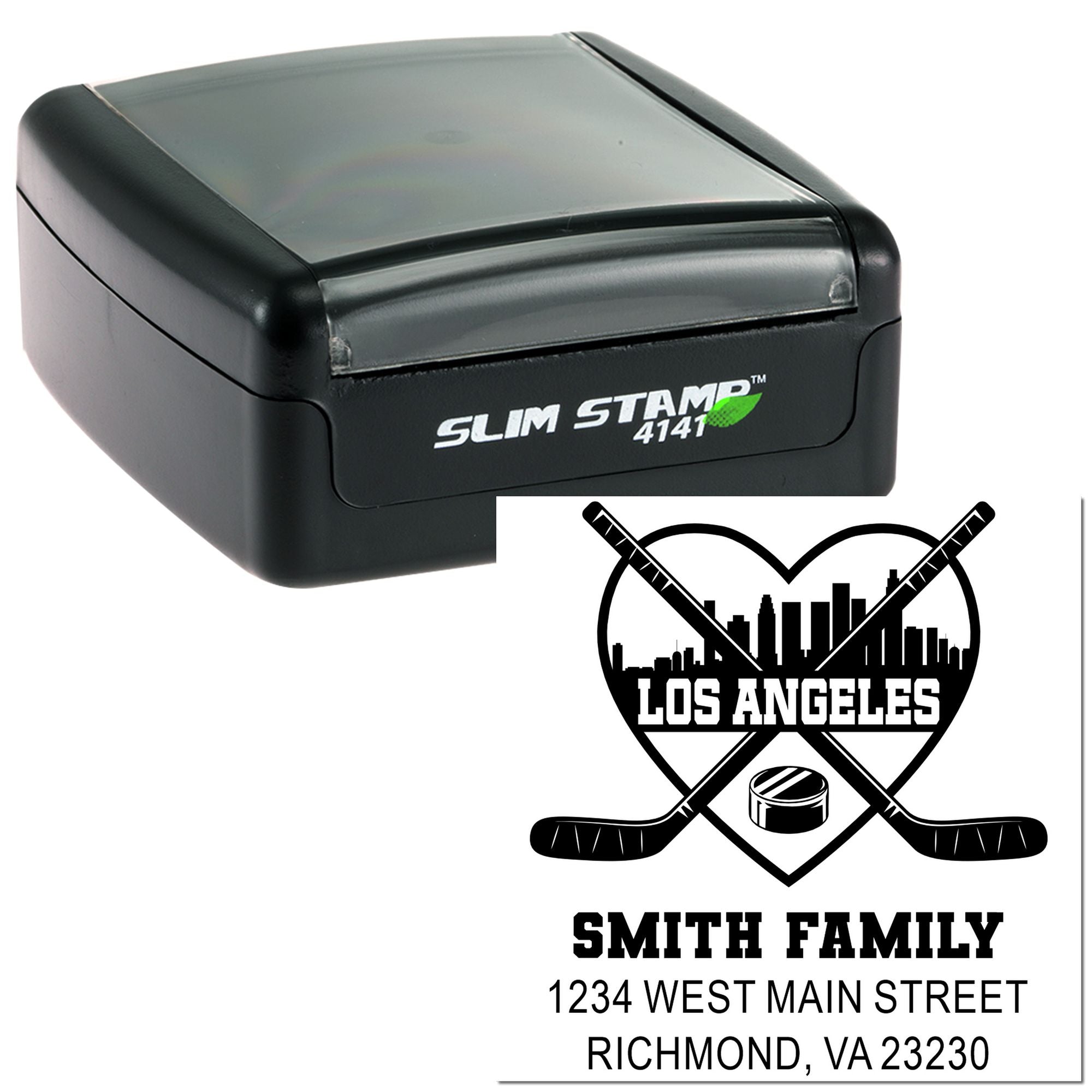 Slim Stamp 4141 self-inking rubber stamp with custom hockey family logo, name, and address for personalized return address use.