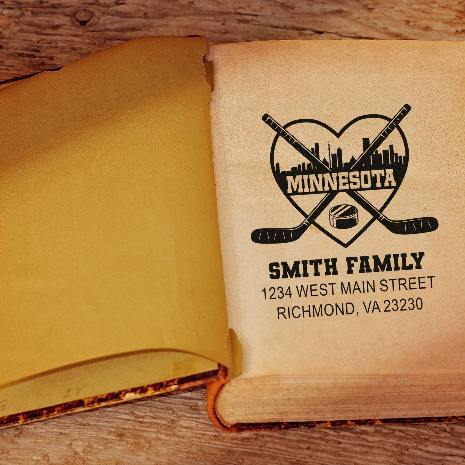 Custom hockey family address rubber stamp with Minnesota design for Smith Family, Richmond, VA return address.
