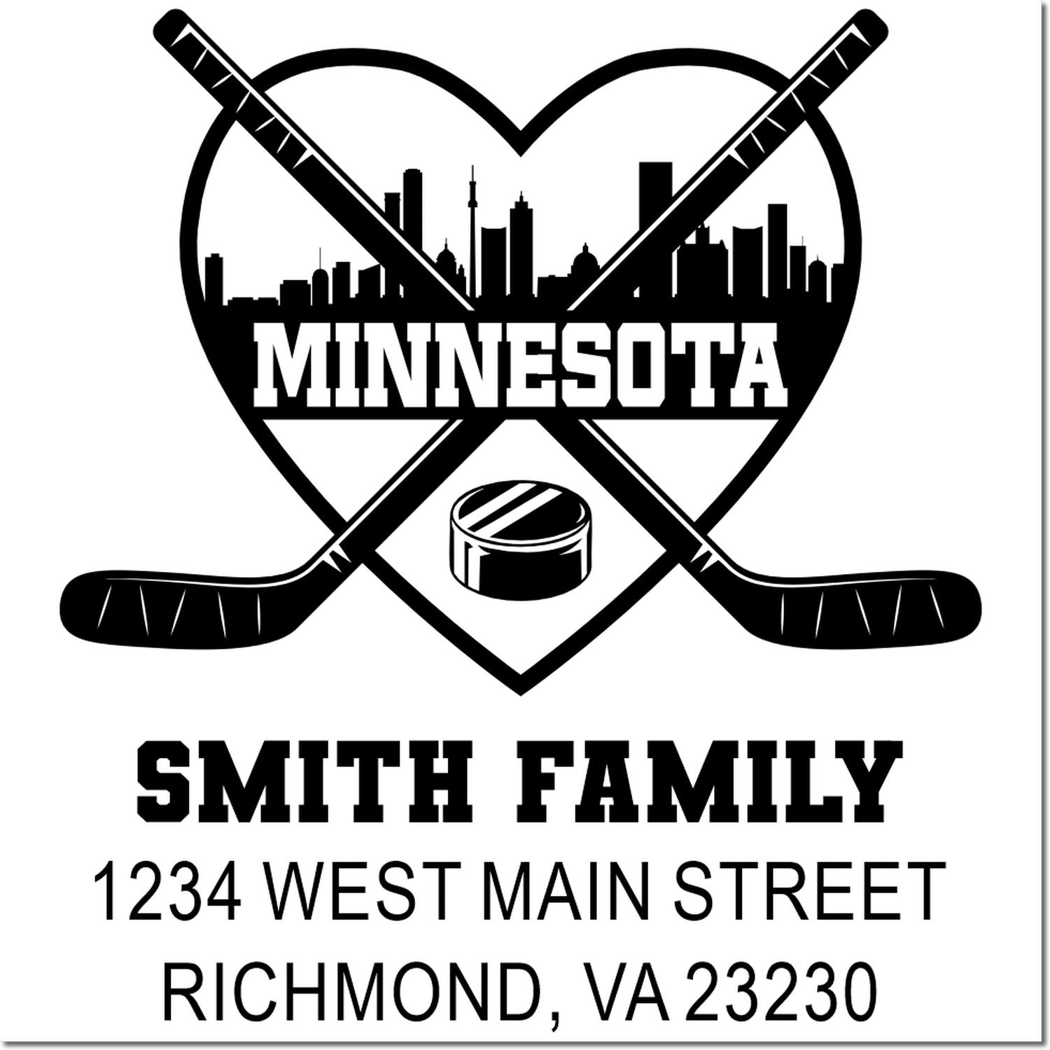 Personalized Minnesota hockey family rubber stamp with crossed sticks, skyline, Smith Family, and Richmond, VA address.