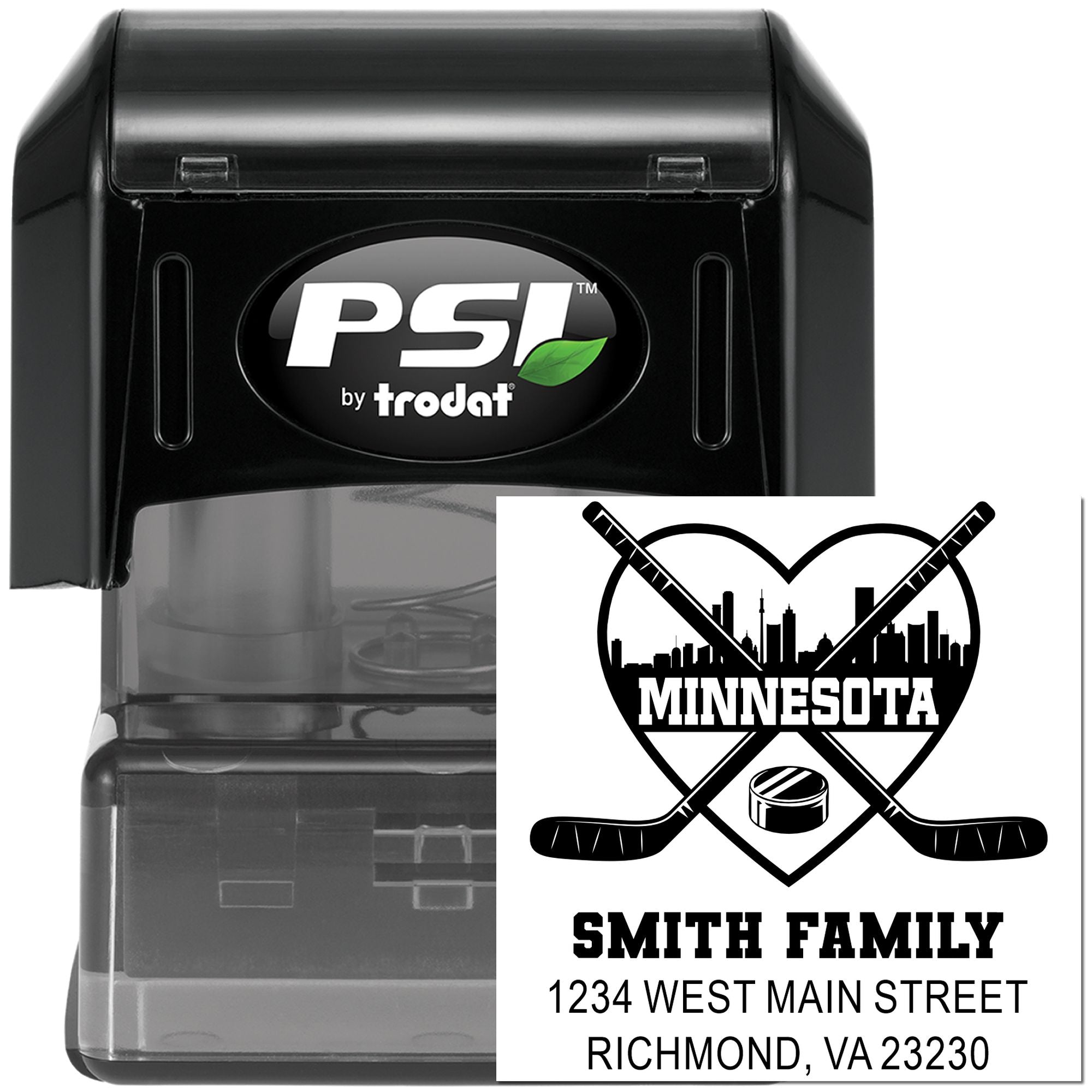 PSI by Trodat self-inking rubber stamp for a custom Minnesota hockey family return address stamp