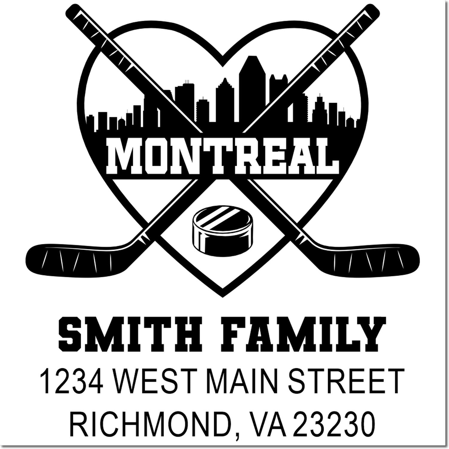 Personalized Montreal hockey family address rubber stamp with skyline, crossed sticks, puck, Smith Family name and address.
