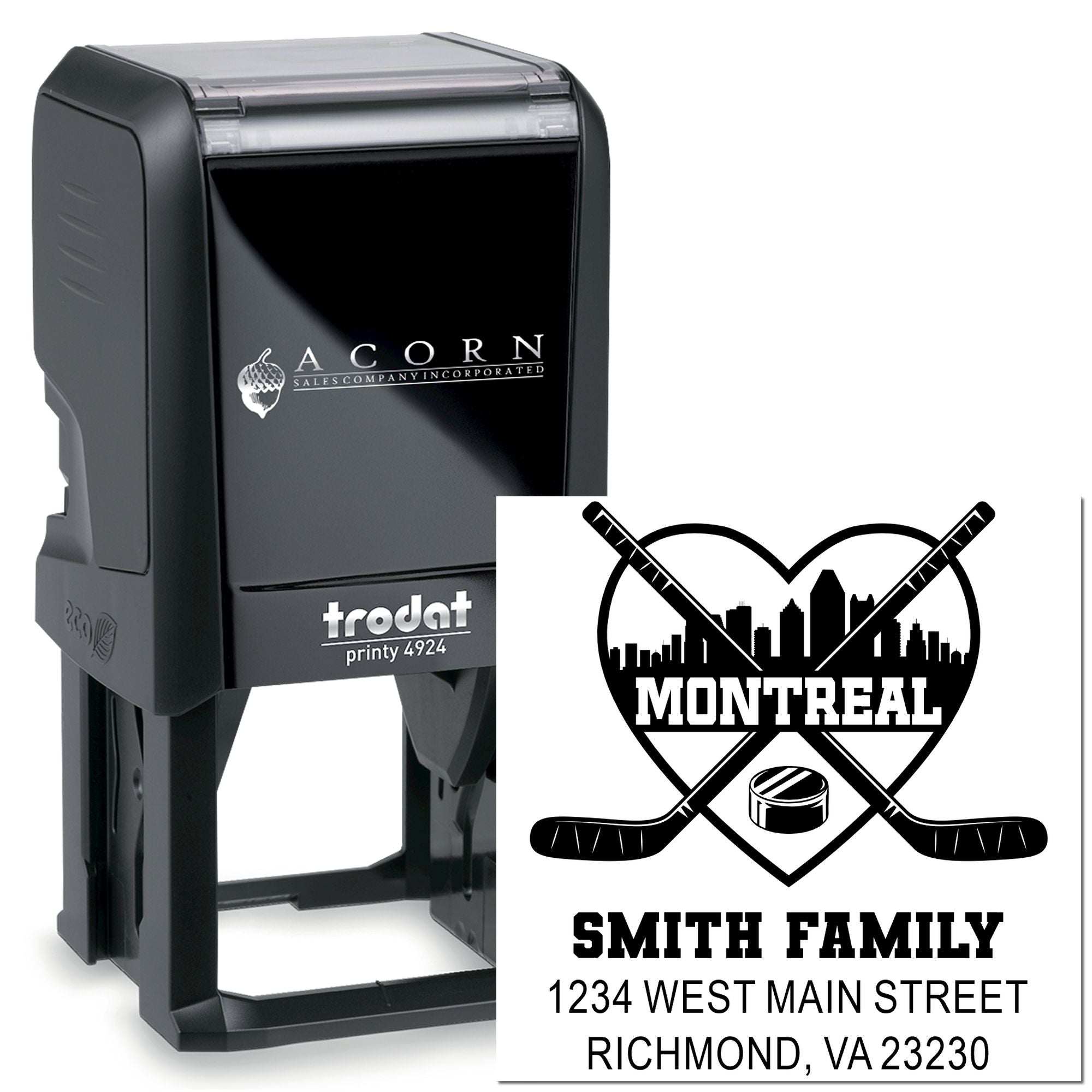 Custom self-inking rubber stamp with hockey family logo, name and address for personalized mailing and branding.