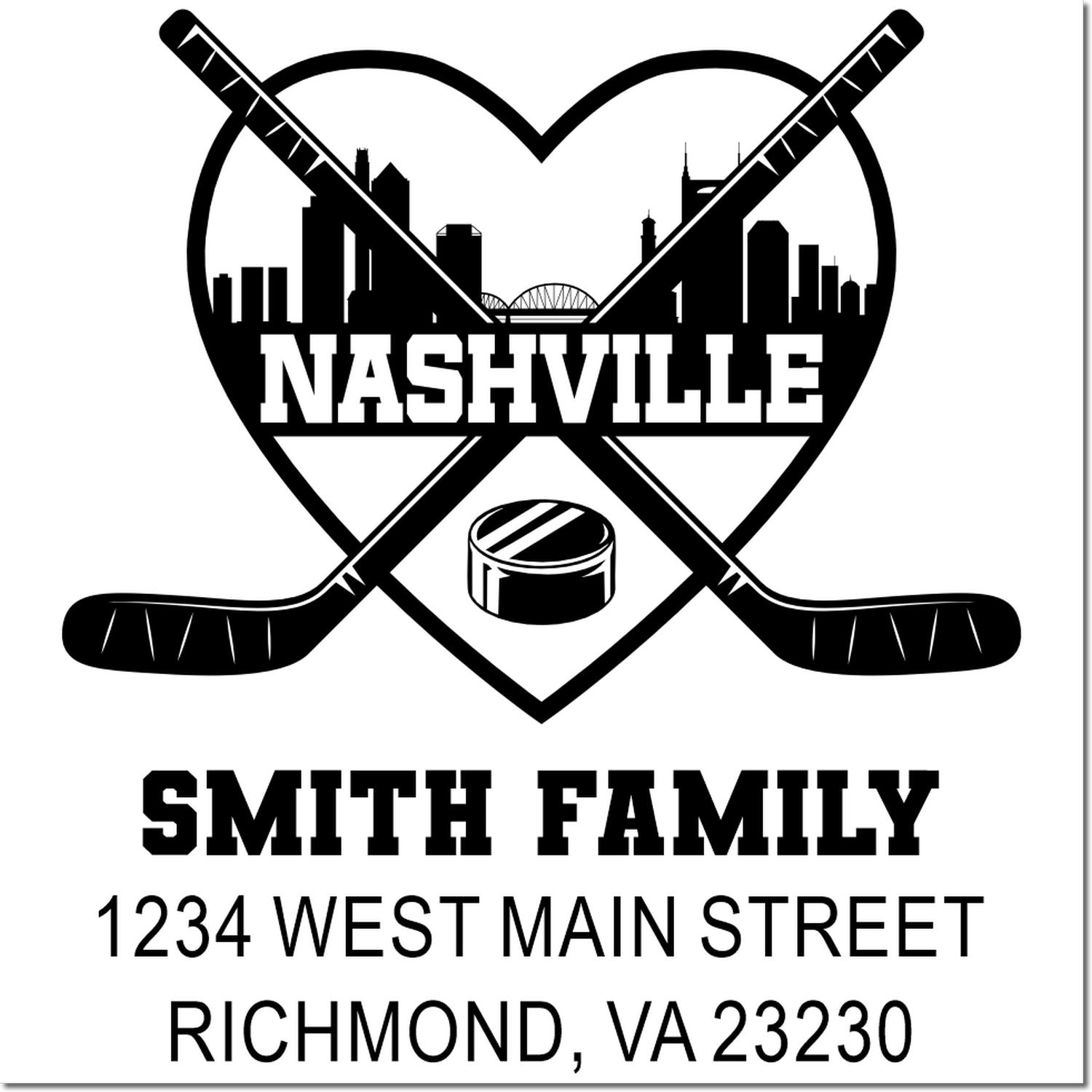 Personalized Nashville hockey family rubber stamp with skyline, Smith family name, and return address.