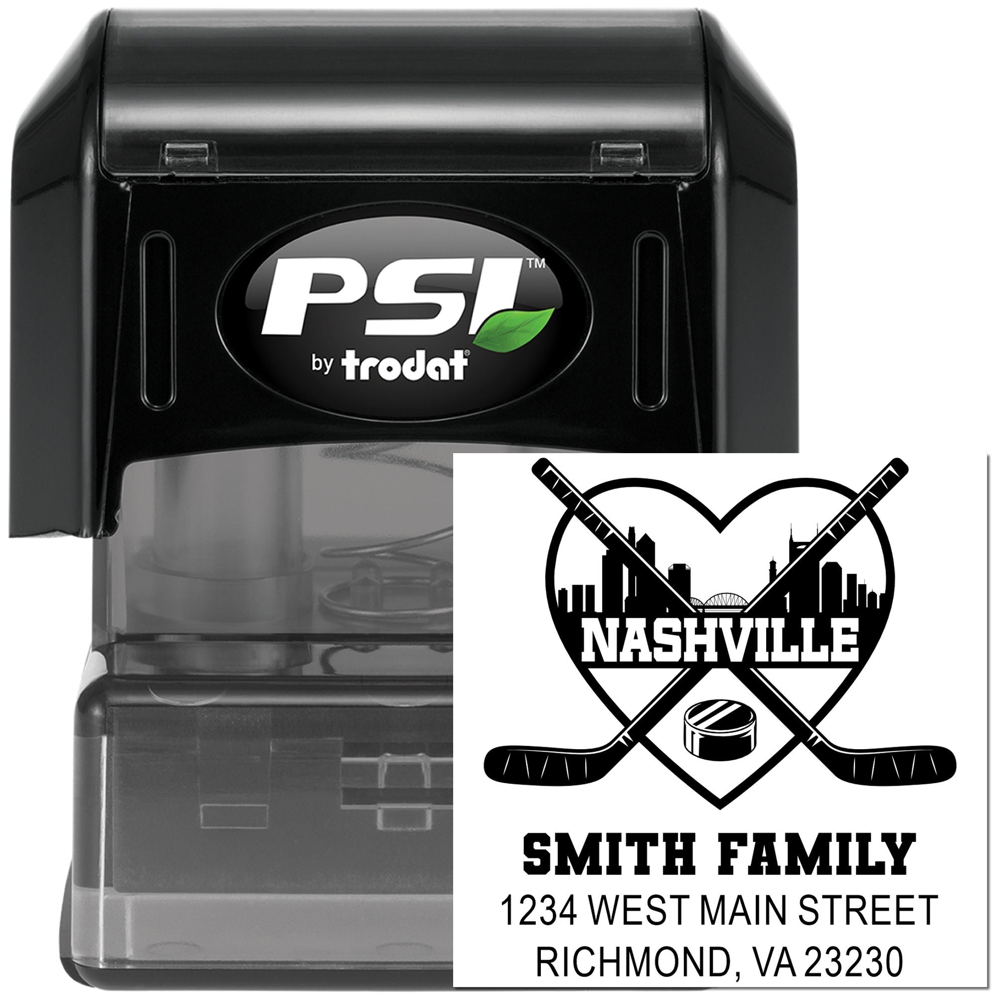 Custom self-inking rubber stamp by PSI Trodat with Nashville hockey design, Smith Family name, and return address.