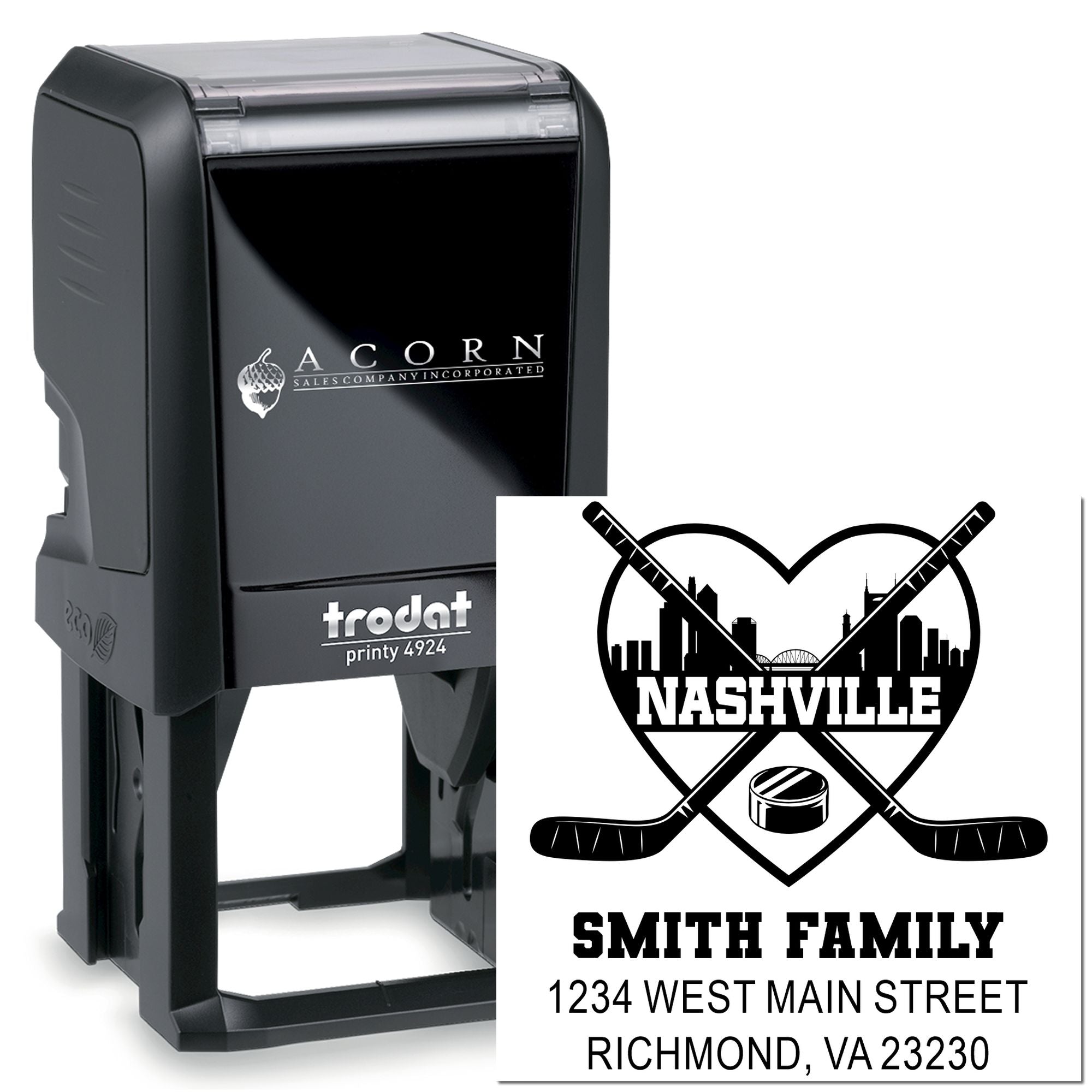 Custom self-inking rubber stamp with hockey family return address design, ideal for personalized mailing and branding.