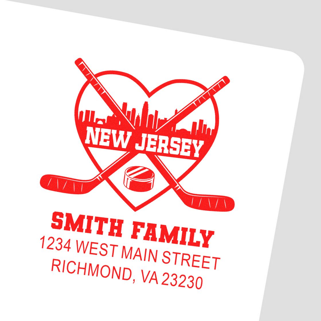 Custom New Jersey hockey family address rubber stamp with crossed sticks, heart logo, and Smith family return address.