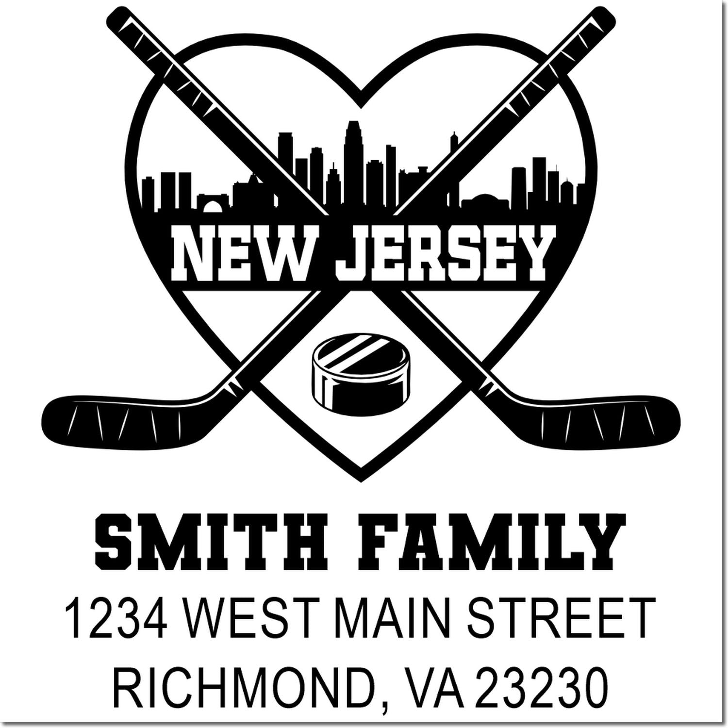 Custom hockey family address rubber stamp with New Jersey skyline, crossed sticks, and personalized name and address.